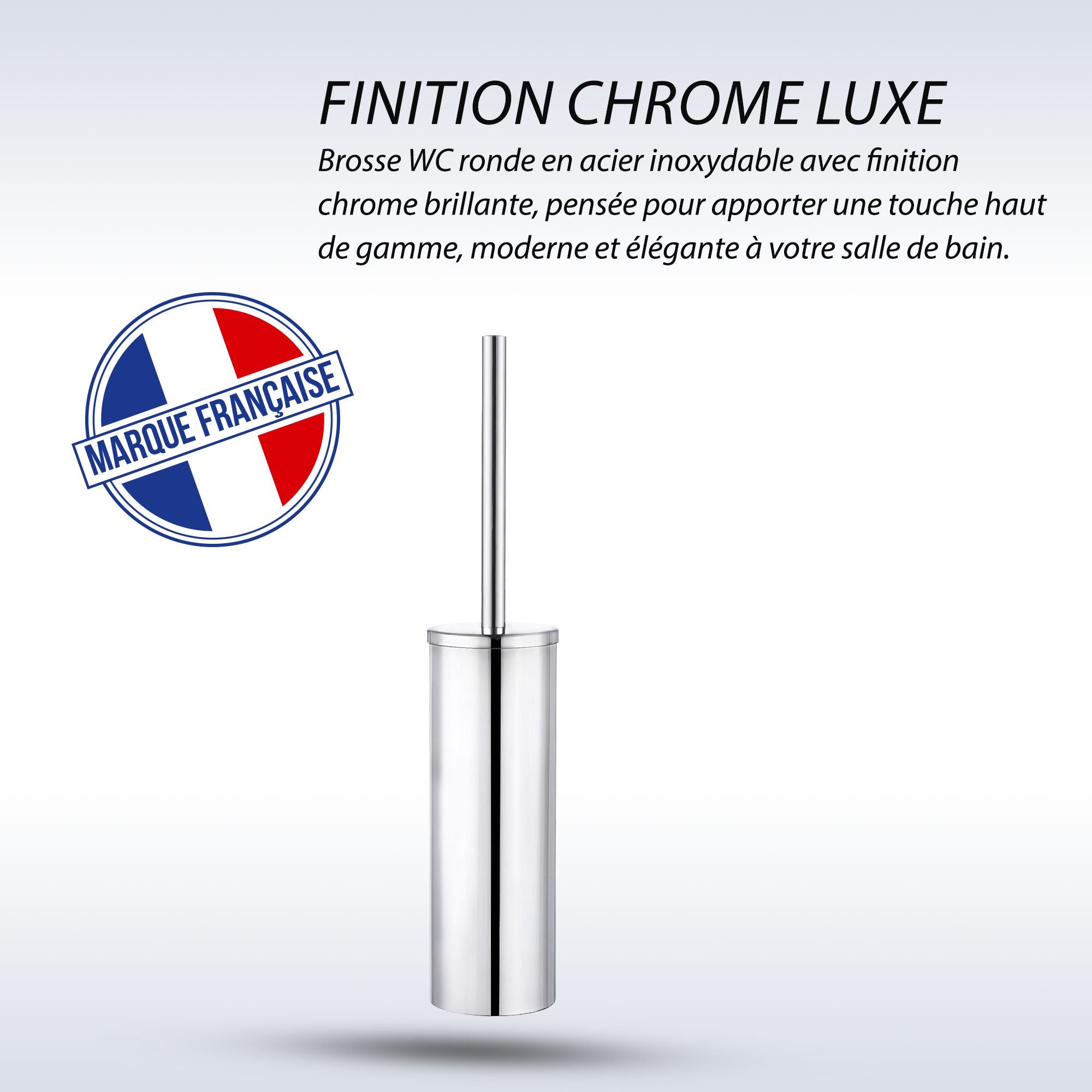 Brosse WC ronde finition chrome, acier inoxydable, design moderne, fabrication française