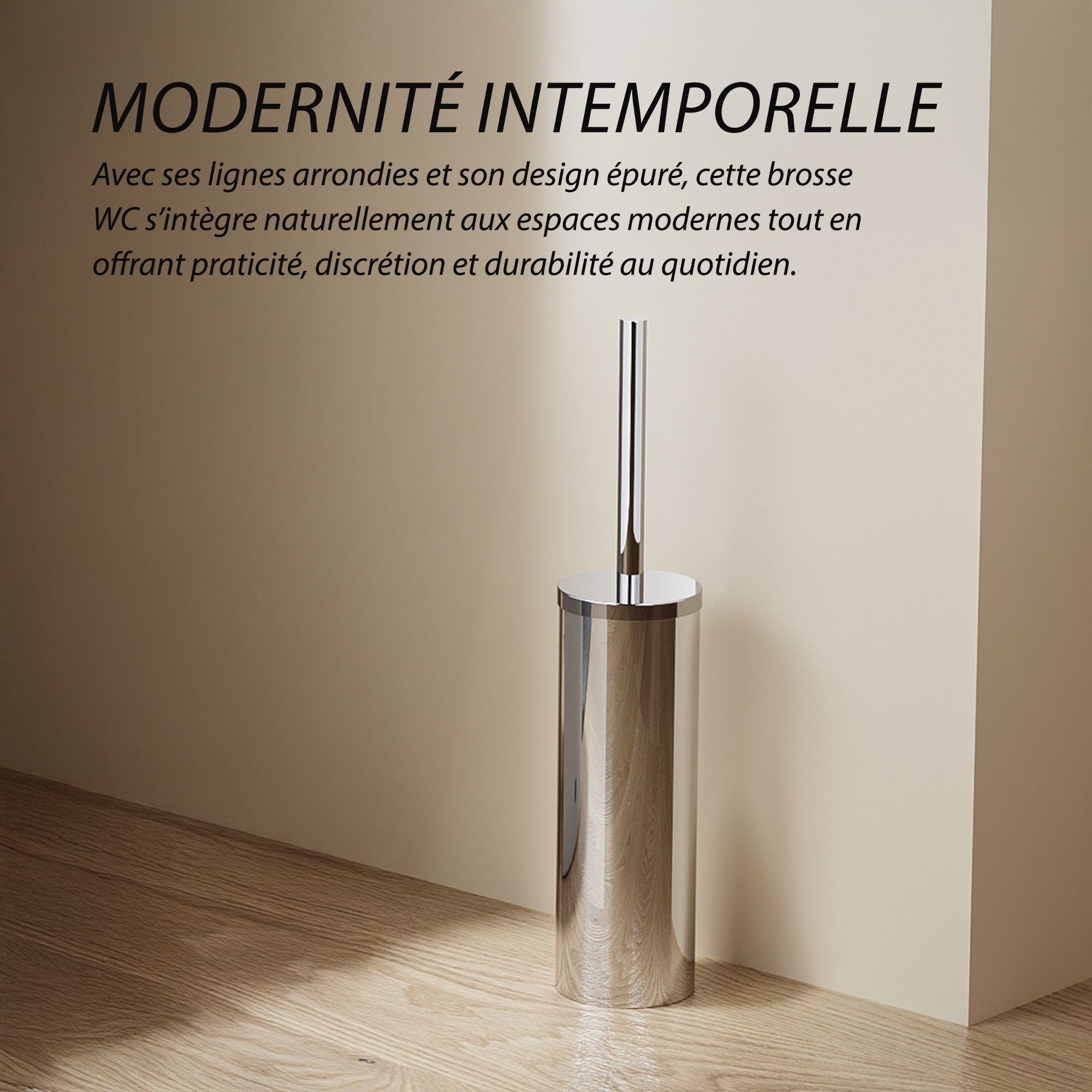 Brosse WC ronde en acier inoxydable, design moderne, finition chrome, avec couvercle