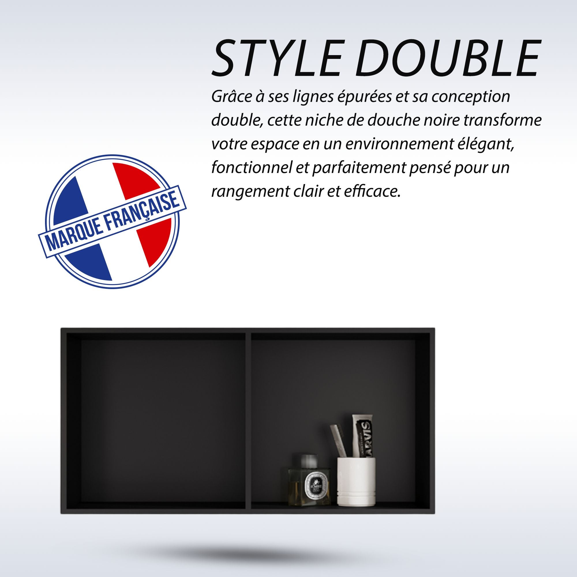 Niche de douche double noire, 60 x 30 x 12 cm, style épuré, fabrication française