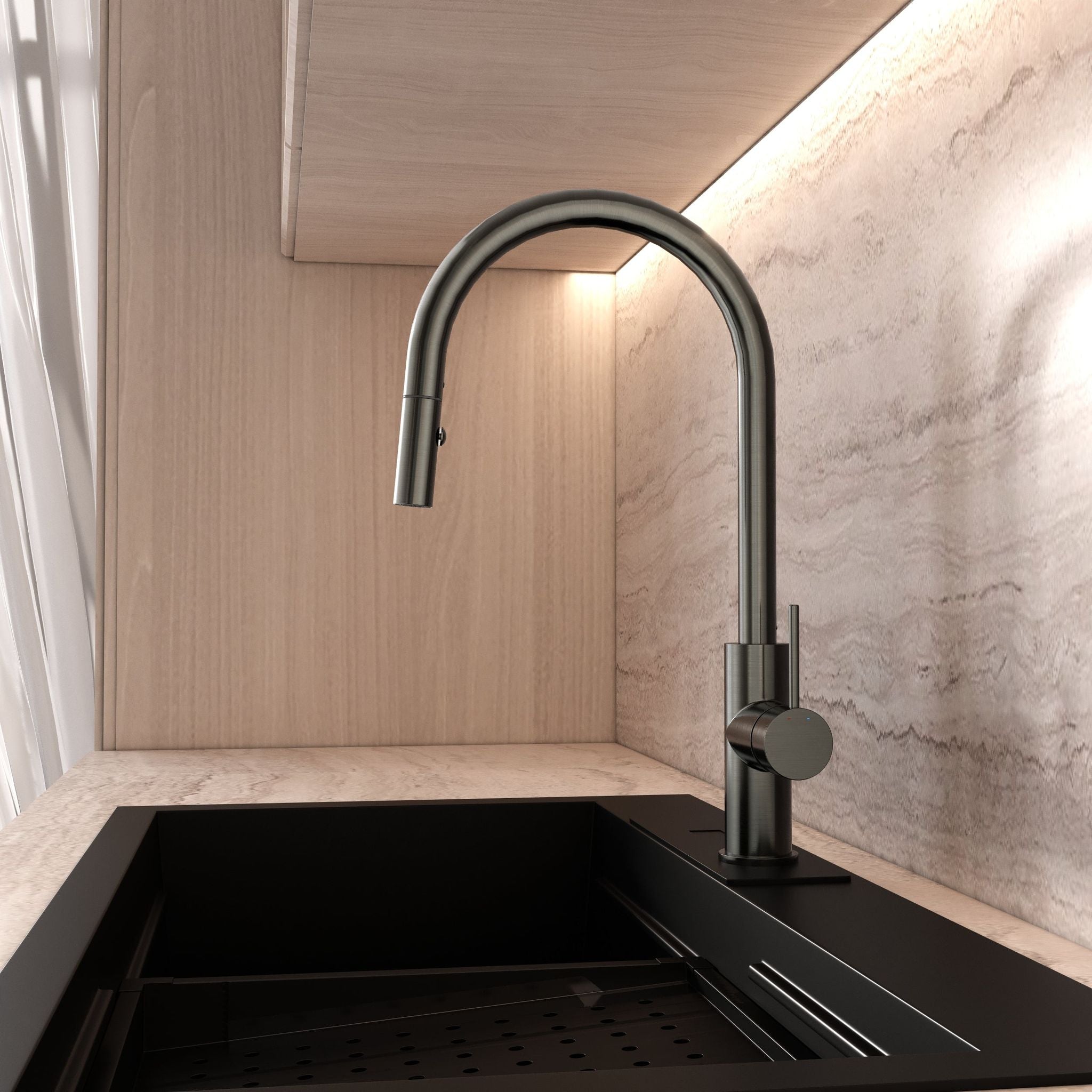 Robinet de cuisine avec douchette extractible – Finition gris métallisé