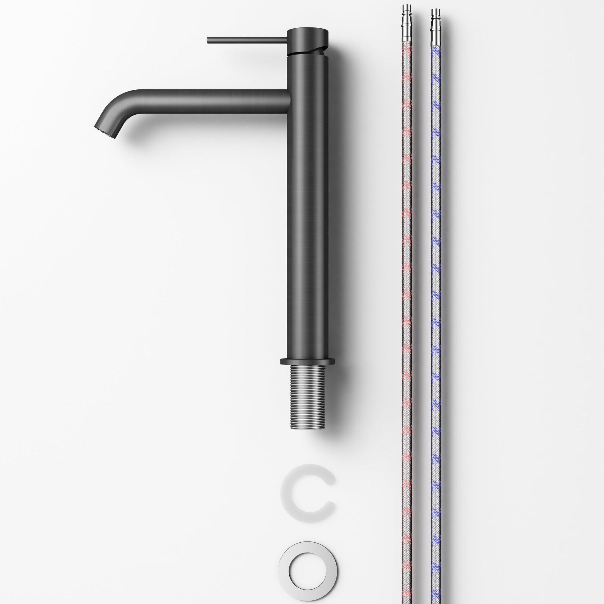 Robinet à bec haut 30 cm finition gris métallisé avec tuyaux d'alimentation et matériel de montage.