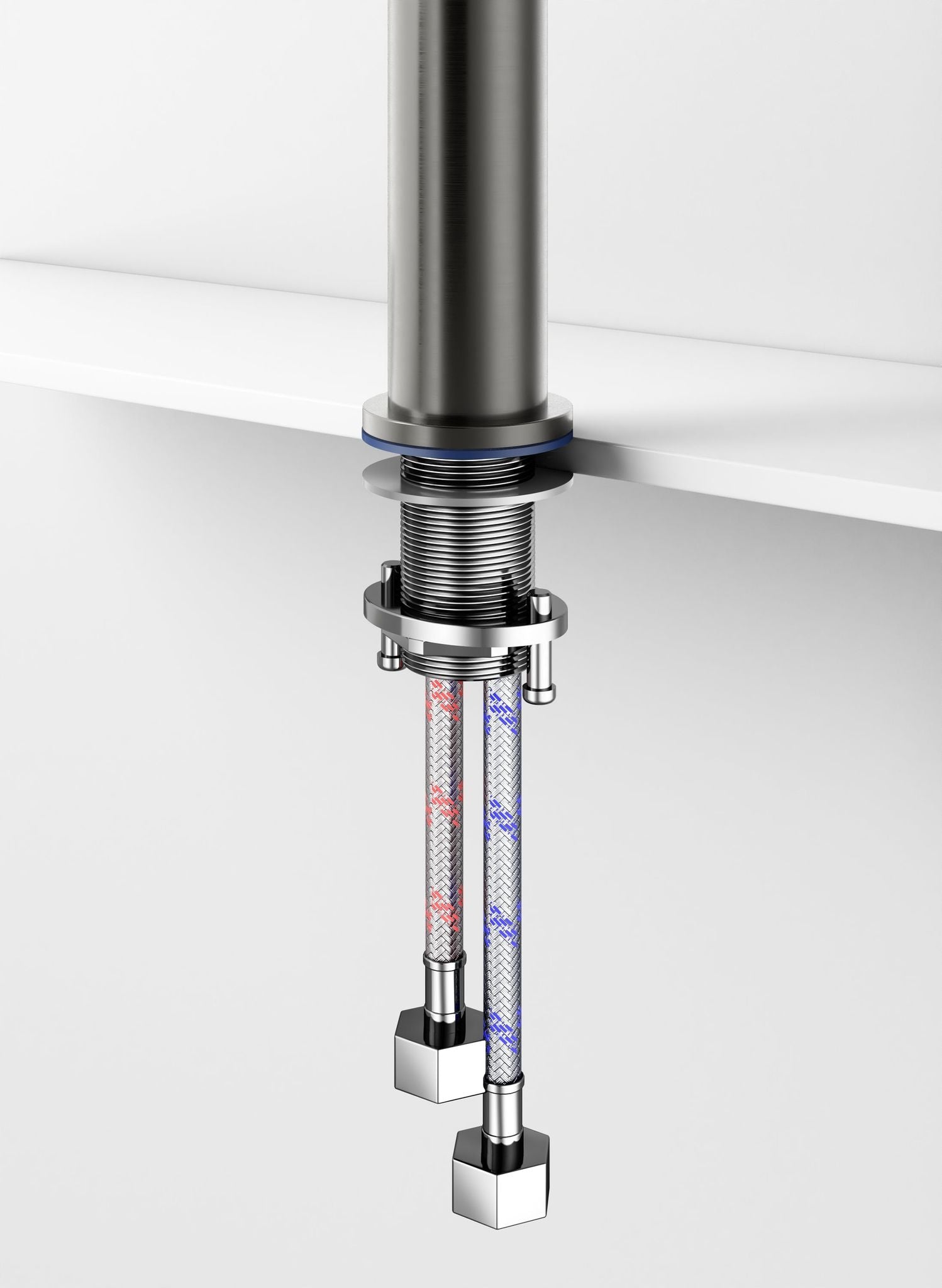 Installation du Robinet à bec haut 30 cm – Finition gris métallisé avec tuyaux tressés rouge et bleu.