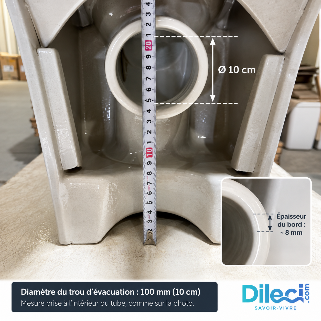 WC BIKIBUS : diamètre évacuation 100 mm, mesure du trou de sortie horizontale.
