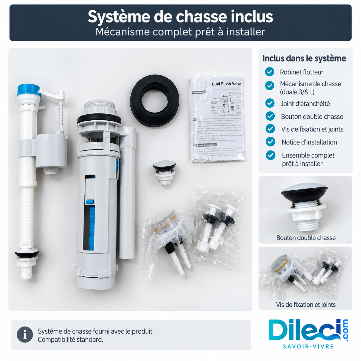 Système de chasse d'eau complet pour WC, mécanisme double chasse, robinet flotteur, fixation.