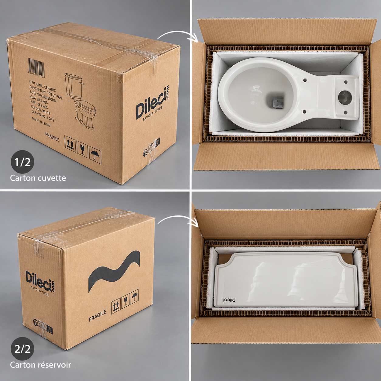 WC à poser Victoria style rétro victorien : cuvette et réservoir emballés dans leurs cartons.