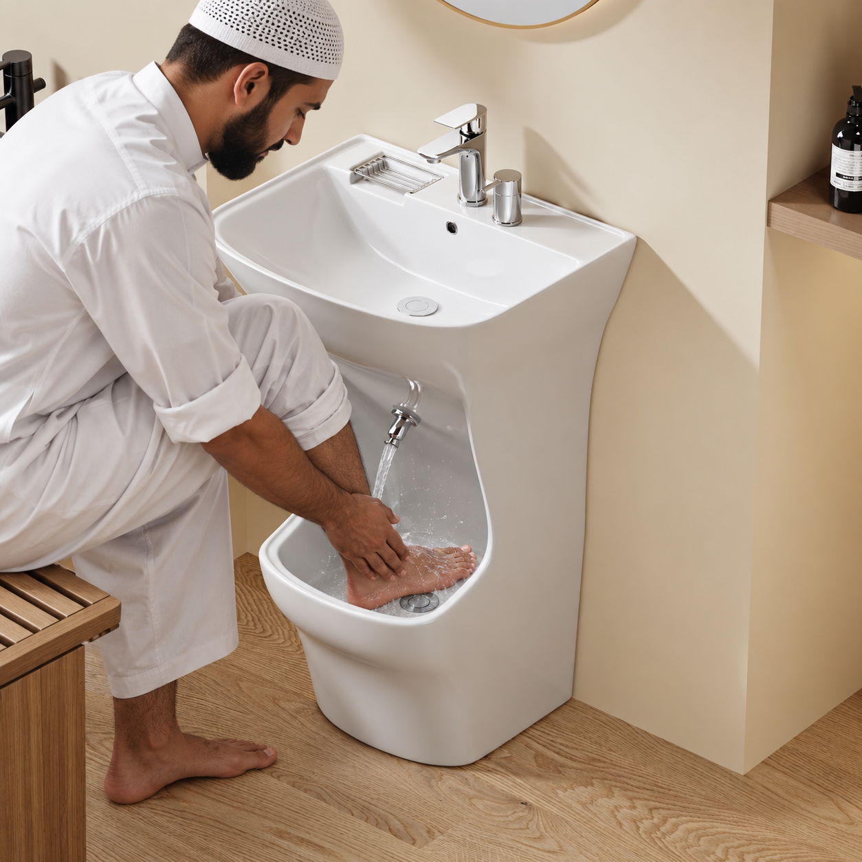 Homme faisant ses ablutions dans un lavabo d'ablutions Beyrouth design arrondi avec porte-savon.