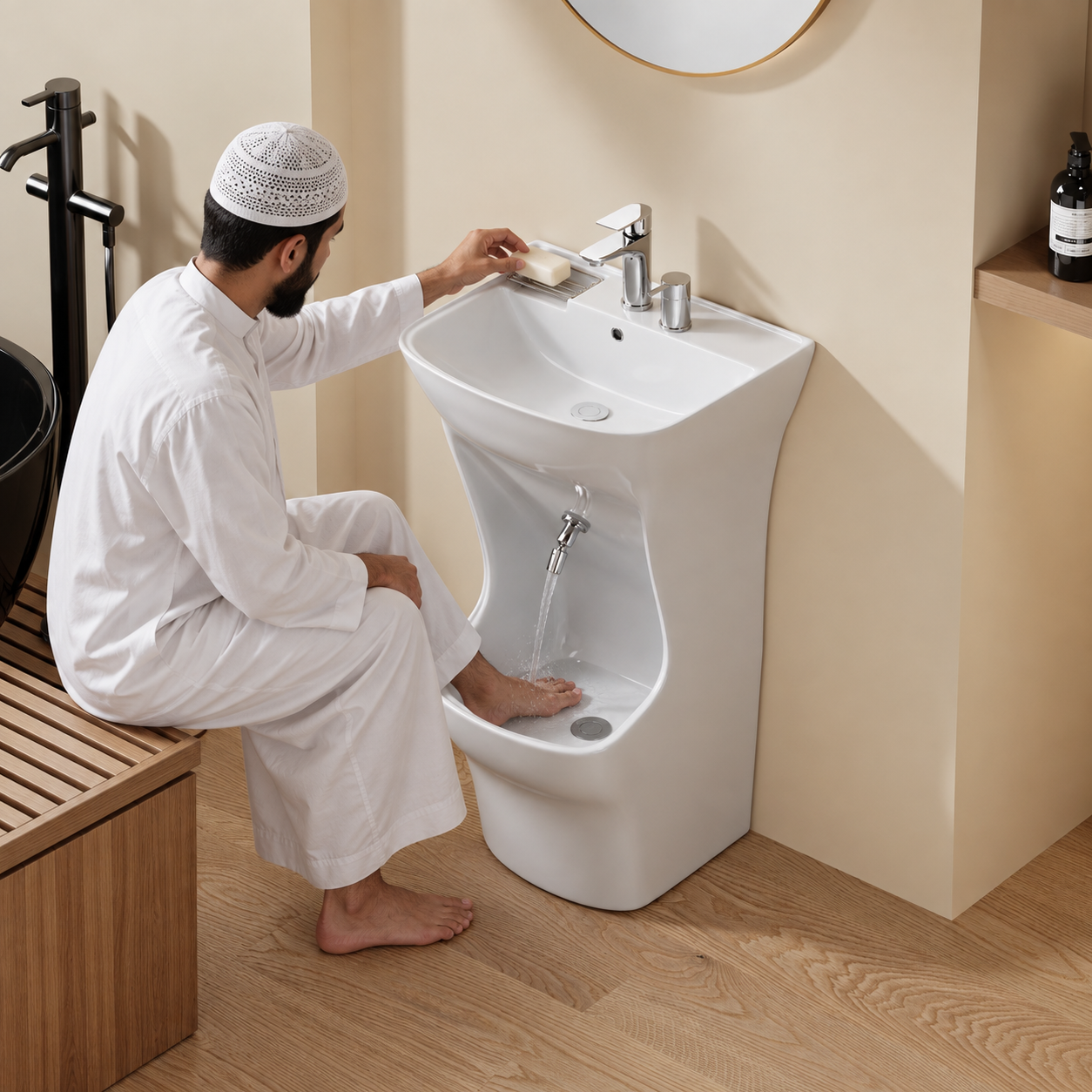 Homme en tenue traditionnelle utilisant le lavabo d’ablutions Beyrouth au design arrondi.
