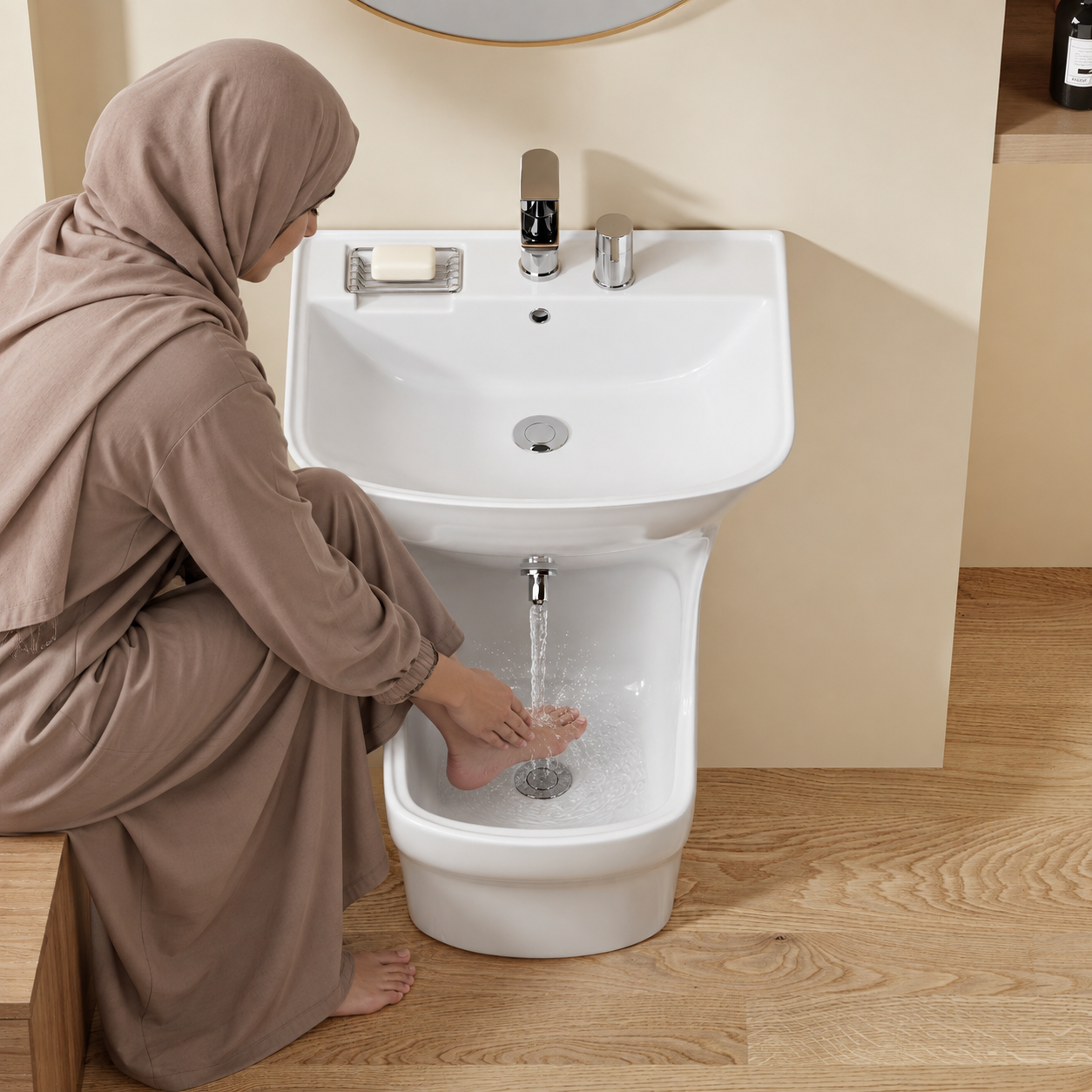 Lavabo d'ablutions Beyrouth blanc arrondi avec porte-savon, utilisé pour le lavage des pieds.