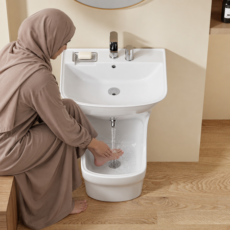 Lavabo d'ablutions Beyrouth blanc arrondi avec porte-savon, utilisé pour le lavage des pieds.