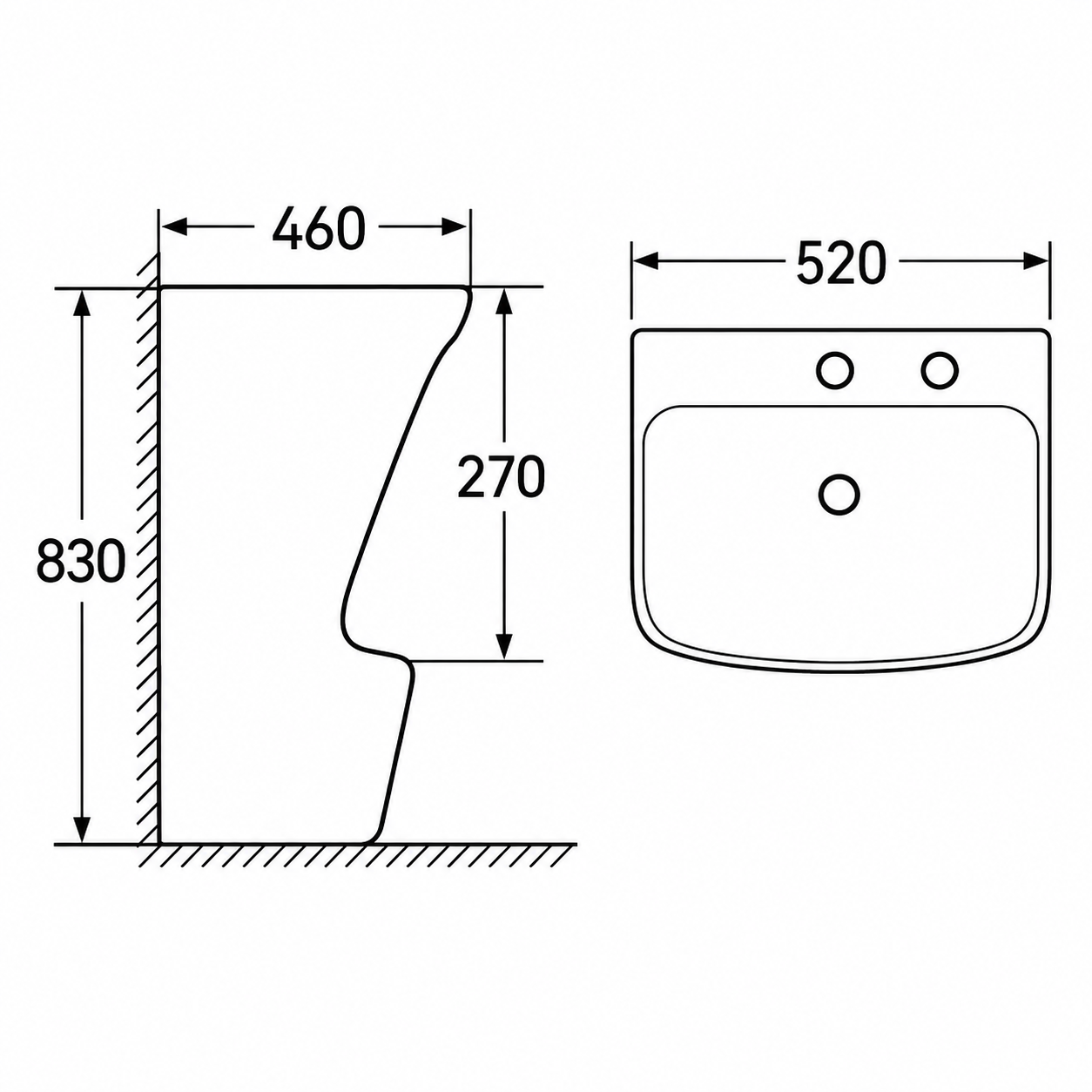 Dimensions techniques du lavabo d'ablutions GAZA : vue latérale et supérieure avec mesures.