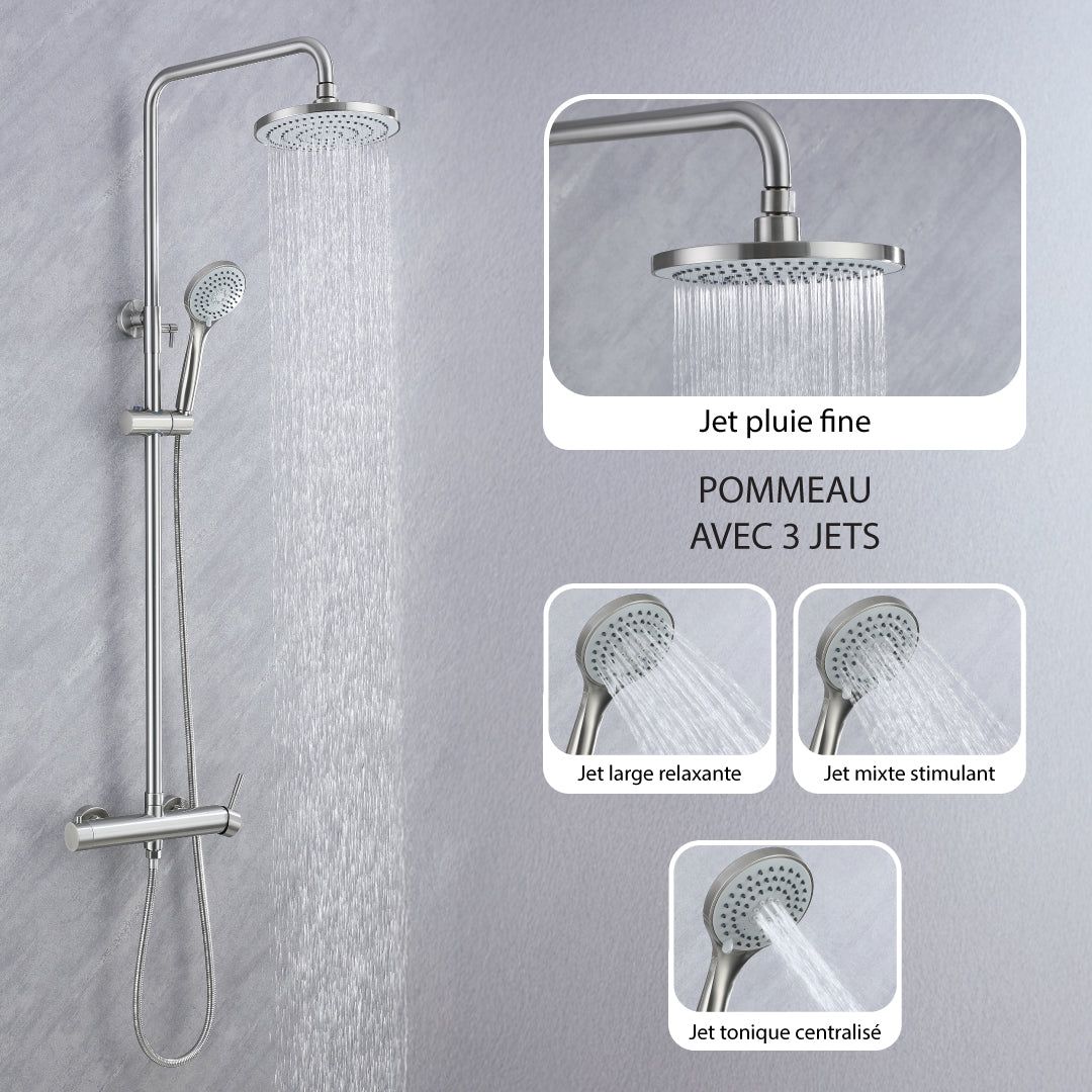 Colonne de douche thermostatique nickel brossé/chrome avec pommeau 3 jets: pluie fine, large relaxante, et mixte stimulant.