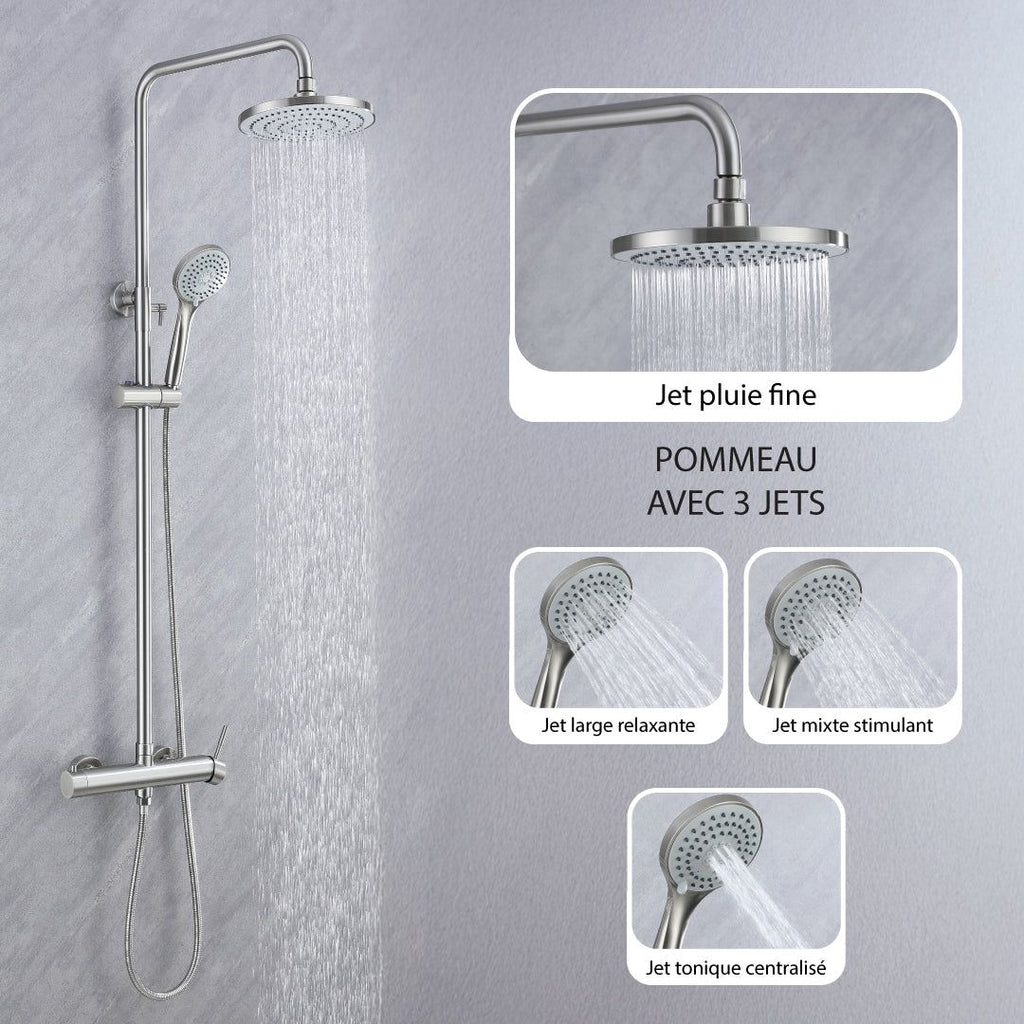 Colonne de douche thermostatique nickel brossé/chrome avec pommeau 3 jets: pluie fine, large relaxante, et mixte stimulant.