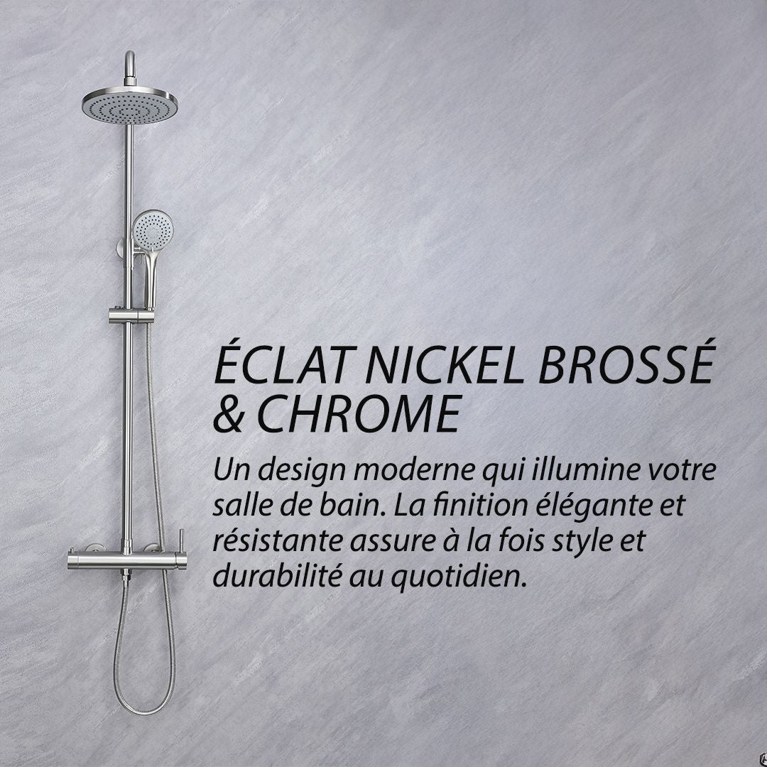 Colonne de douche 2 fonctions, finition nickel brossé et chrome.  Design moderne pour salle de bain.