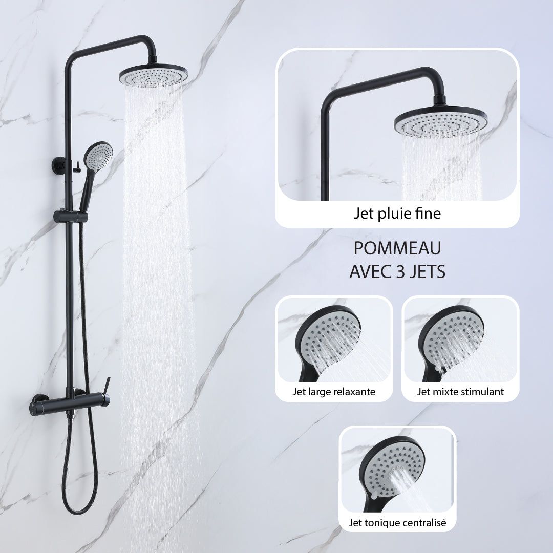 Colonne de douche noir mat avec pommeau 3 jets: douche pluie fine, jet large relaxant et jet mixte stimulant.  Design moderne.
