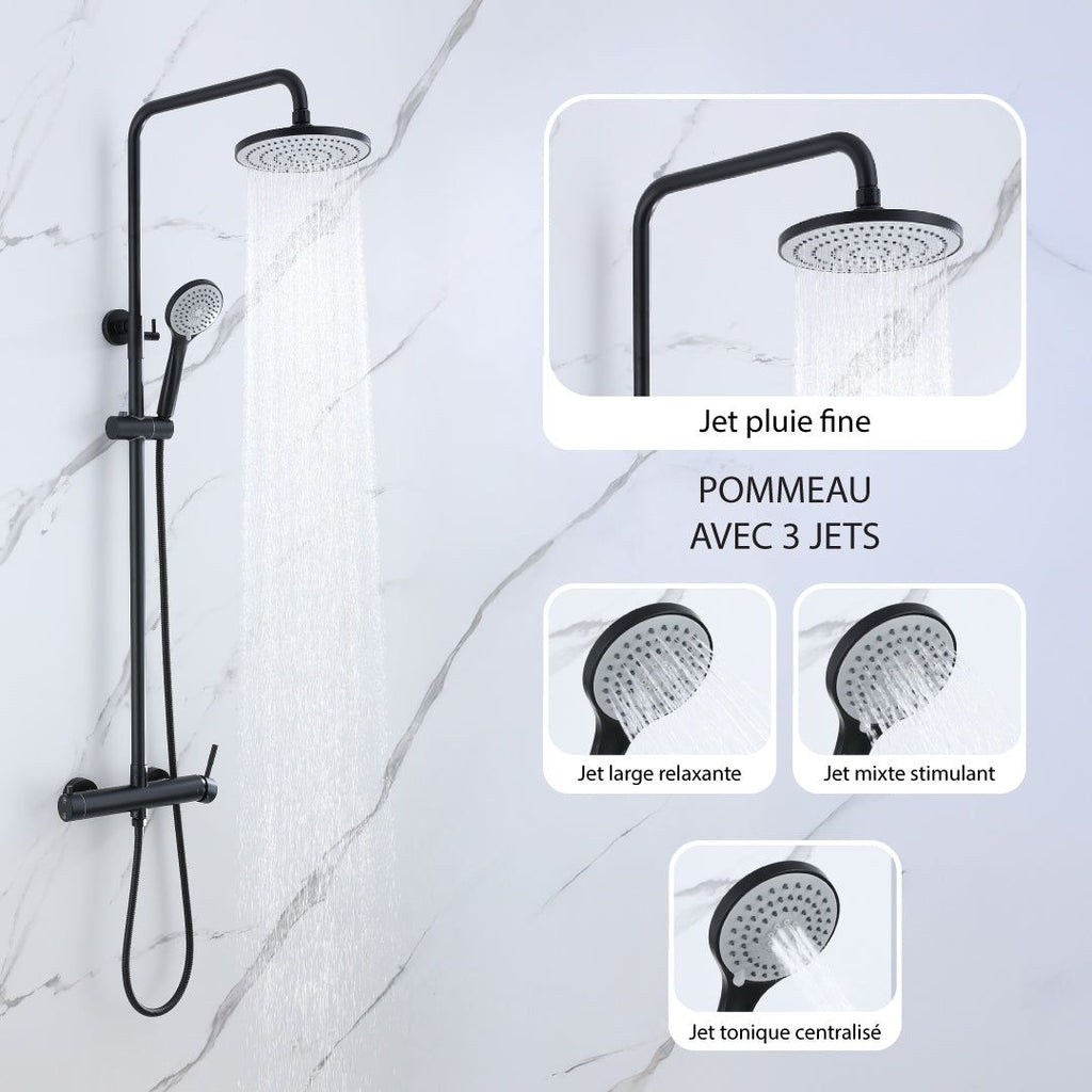 Colonne de douche noir mat avec pommeau 3 jets: douche pluie fine, jet large relaxant et jet mixte stimulant.  Design moderne.