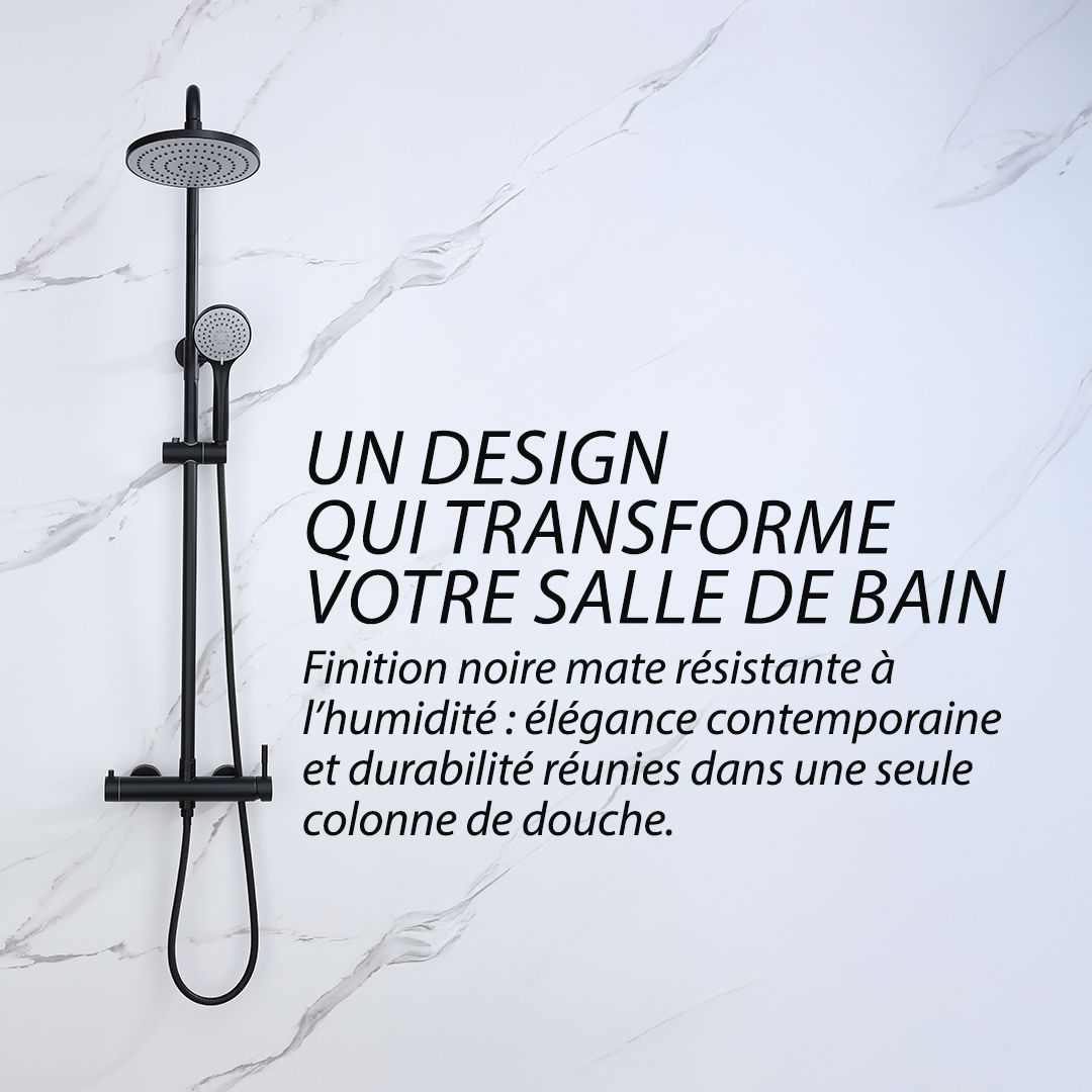 Colonne de douche noir mat - 2 fonctions: élégante colonne de douche noire mate avec pommeau de douche pluie et douchette à main pour une salle de bain moderne.