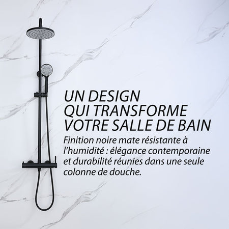 Colonne de douche noir mat - 2 fonctions: élégante colonne de douche noire mate avec pommeau de douche pluie et douchette à main pour une salle de bain moderne.