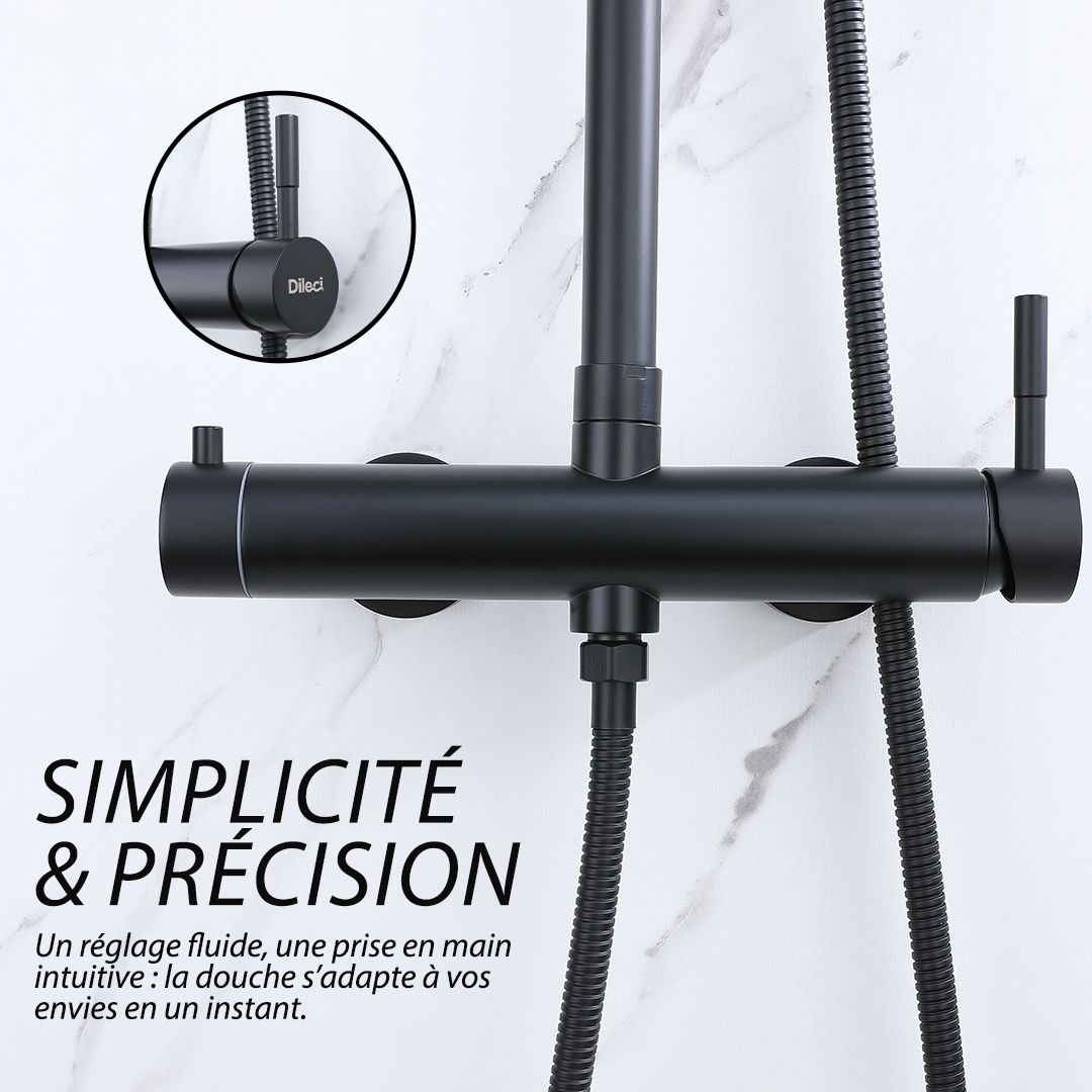 Colonne de douche noir mat thermostatique 2 fonctions: mitigeur élégant et moderne pour une douche relaxante.