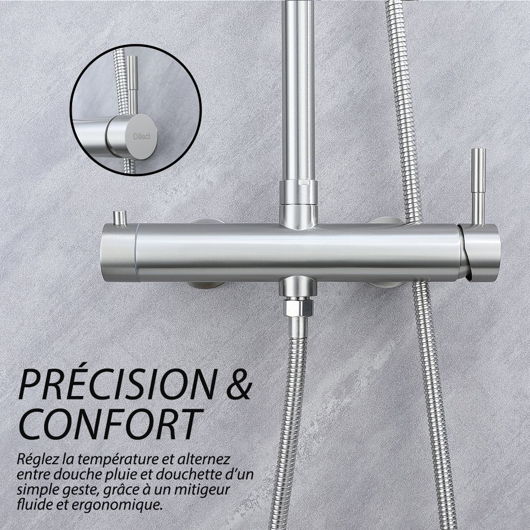 Colonne de douche thermostatique 2 fonctions en acier inoxydable brossé.  Mitigeur douche pluie et douchette.