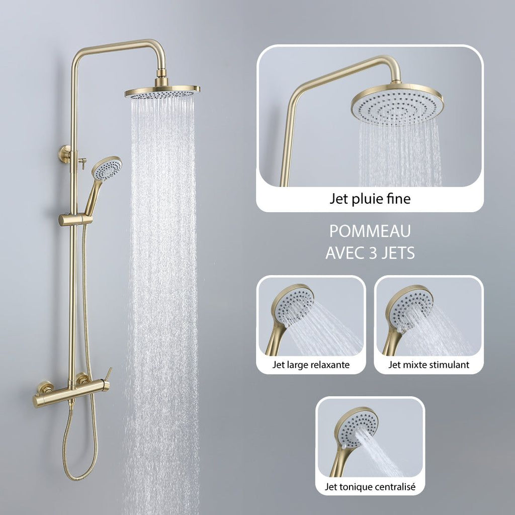 Colonne de douche or brossé : Design moderne et minimaliste. Dotée d'une vanne thermostatique et d'un pommeau de douche. 3 fonction, dileci.
