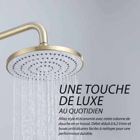 Colonne de douche or brossé : Design moderne et minimaliste. Dotée d'une vanne thermostatique et d'un pommeau de douche. Dileci