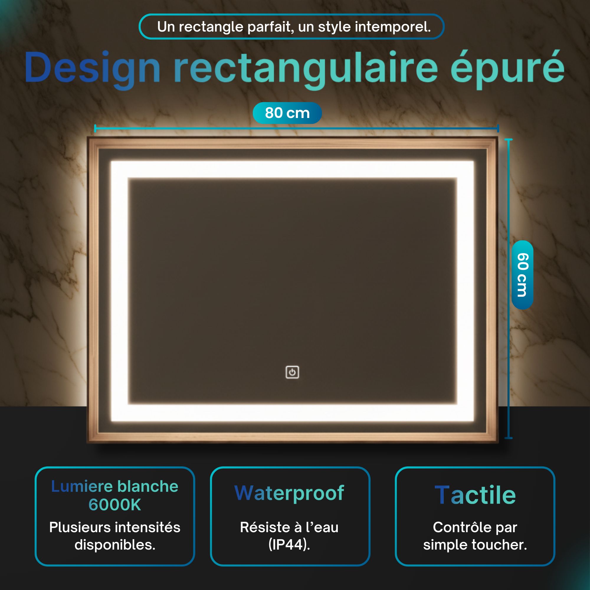 Miroir lumineux LED avec cadre bois rectangulaire et lumière blanche 6000K, tactile et waterproof (IP44)
