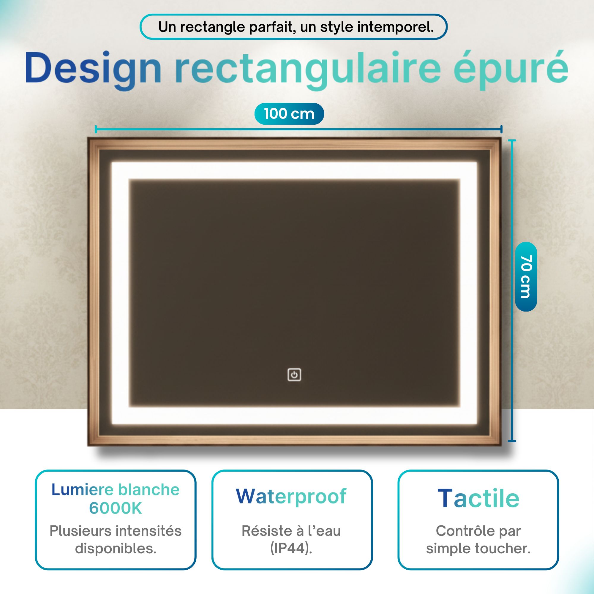 Miroir lumineux LED avec cadre bois rectangulaire, design épuré et lumière blanche 6000K