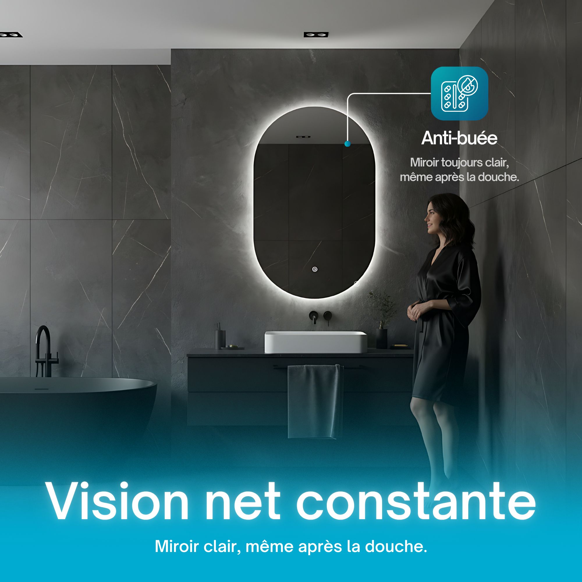 Miroir Ovale Lumineux LED 50×80 cm dans salle de bain moderne.