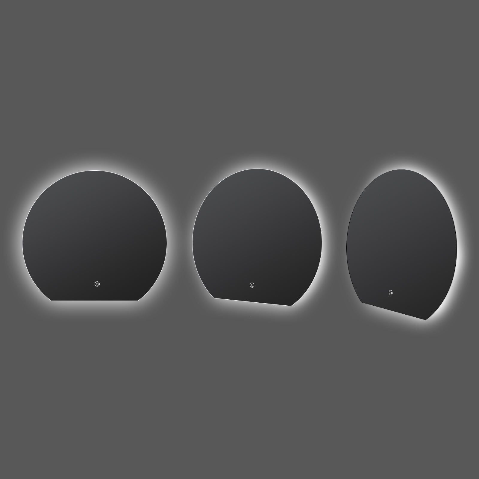 Miroir LED Design coupé 63x70 cm : Ensemble de trois miroirs LED modernes et ronds avec des cadres noirs élégants et un éclairage périphérique lumineux.