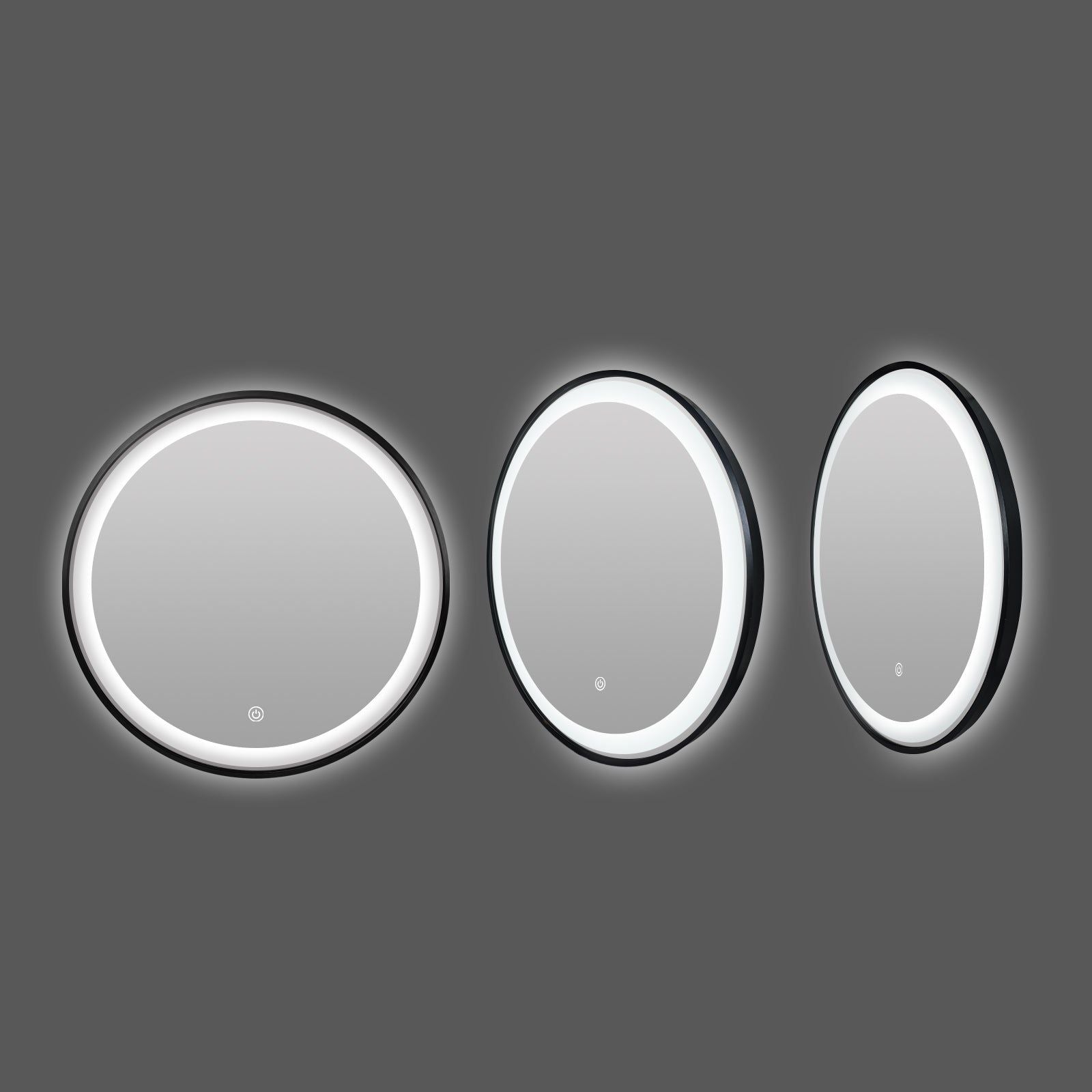 Miroir rond LED Ø60 cm avec cadre alu noir : Ensemble de trois miroirs ronds lumineux à LED avec cadre en aluminium noir. Idéal pour meuble-lavabo.