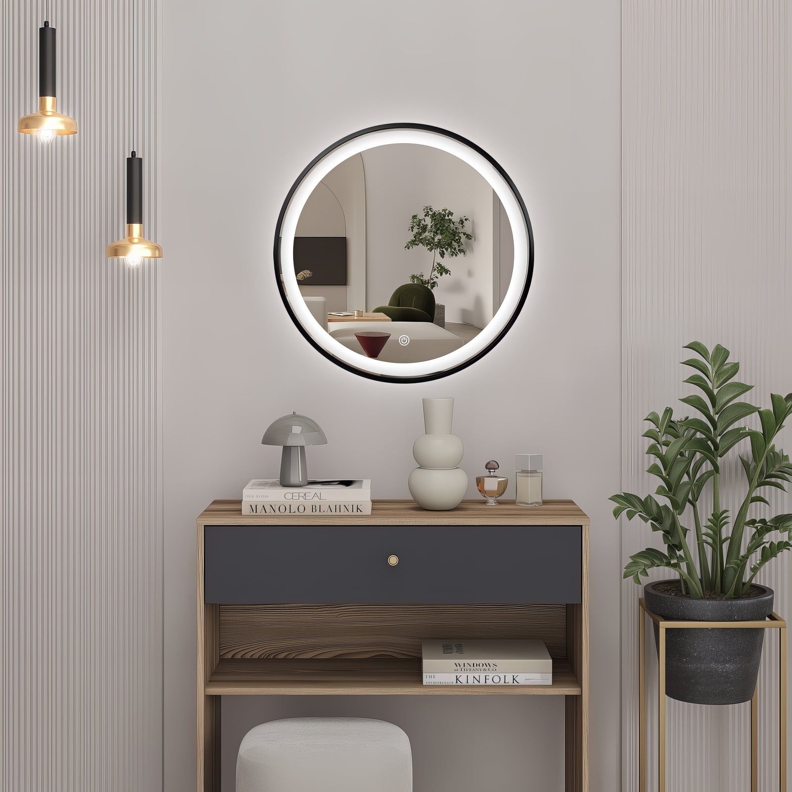 Miroir rond LED Ø60 cm avec cadre alu noir : Miroir rond lumineux LED (60 cm de diamètre) avec un cadre en aluminium noir élégant, parfait pour la salle de bain ou la coiffeuse.