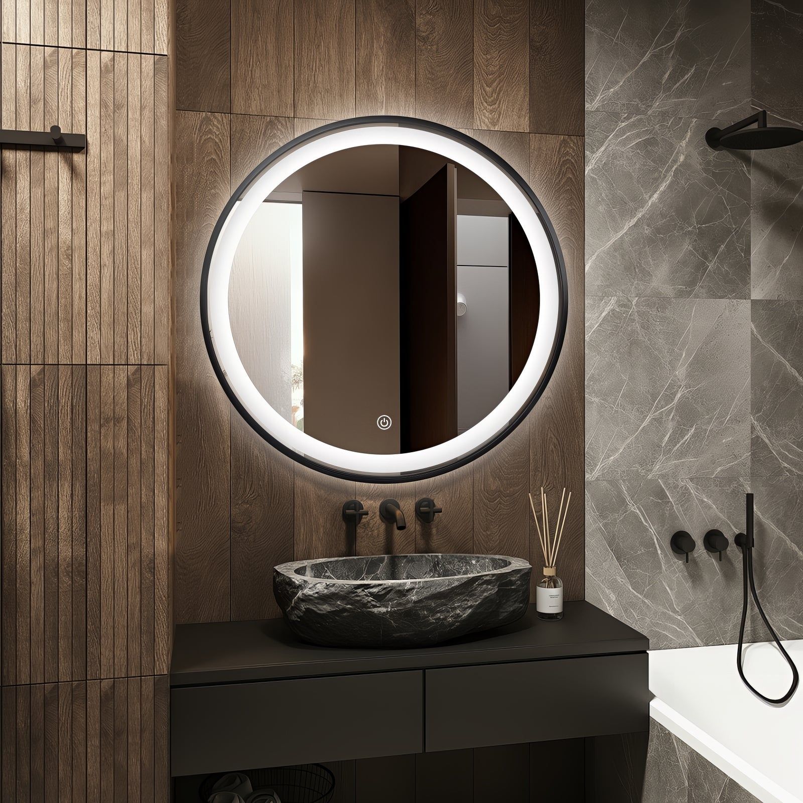 Miroir rond LED Ø70 cm avec cadre en aluminium noir : Miroir de salle de bain rond LED de 70 cm avec cadre en aluminium noir. Design lumineux moderne.