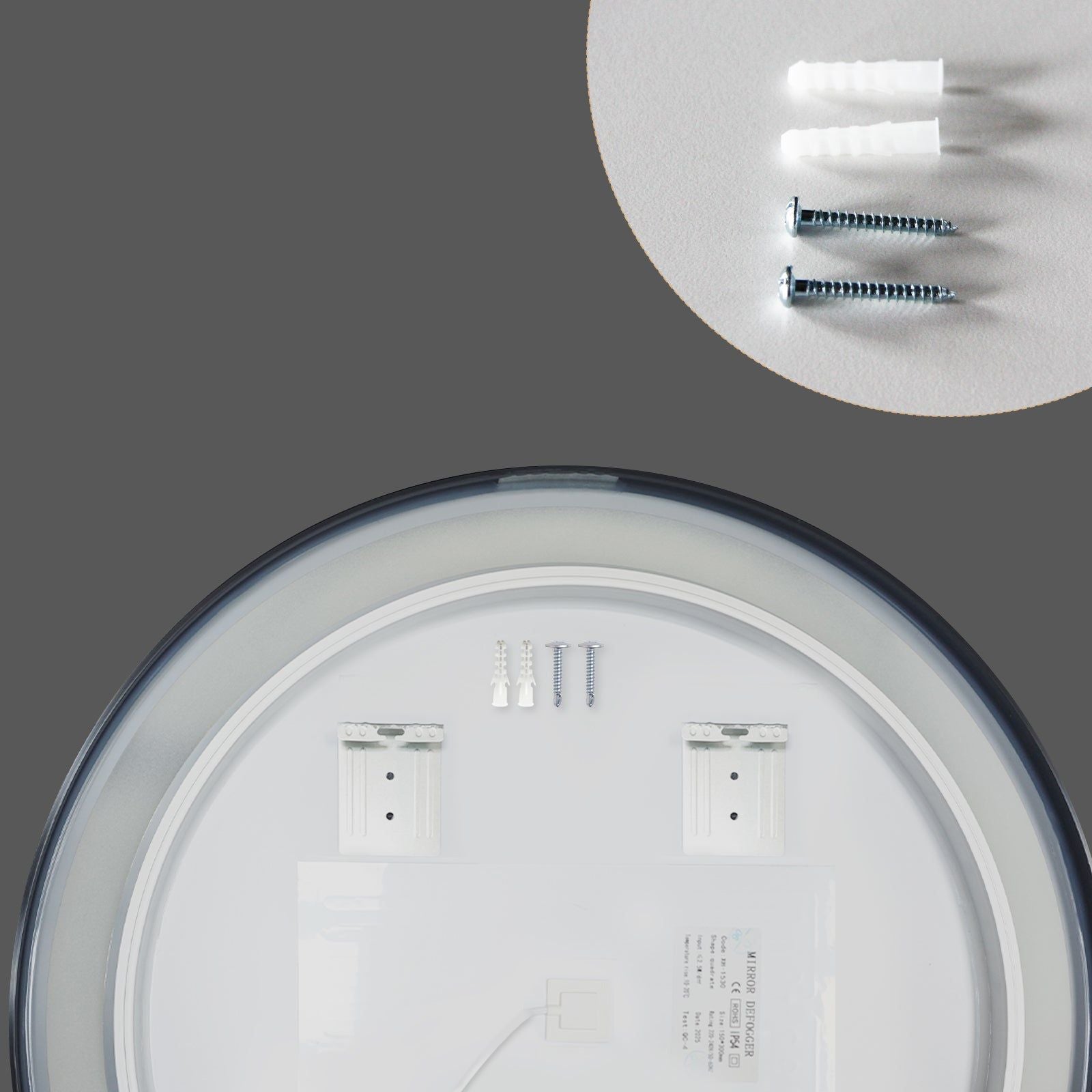 Miroir rond LED Ø70 cm : Miroir de salle de bain LED rond de 70 cm avec cadre en aluminium noir et matériel de montage inclus.