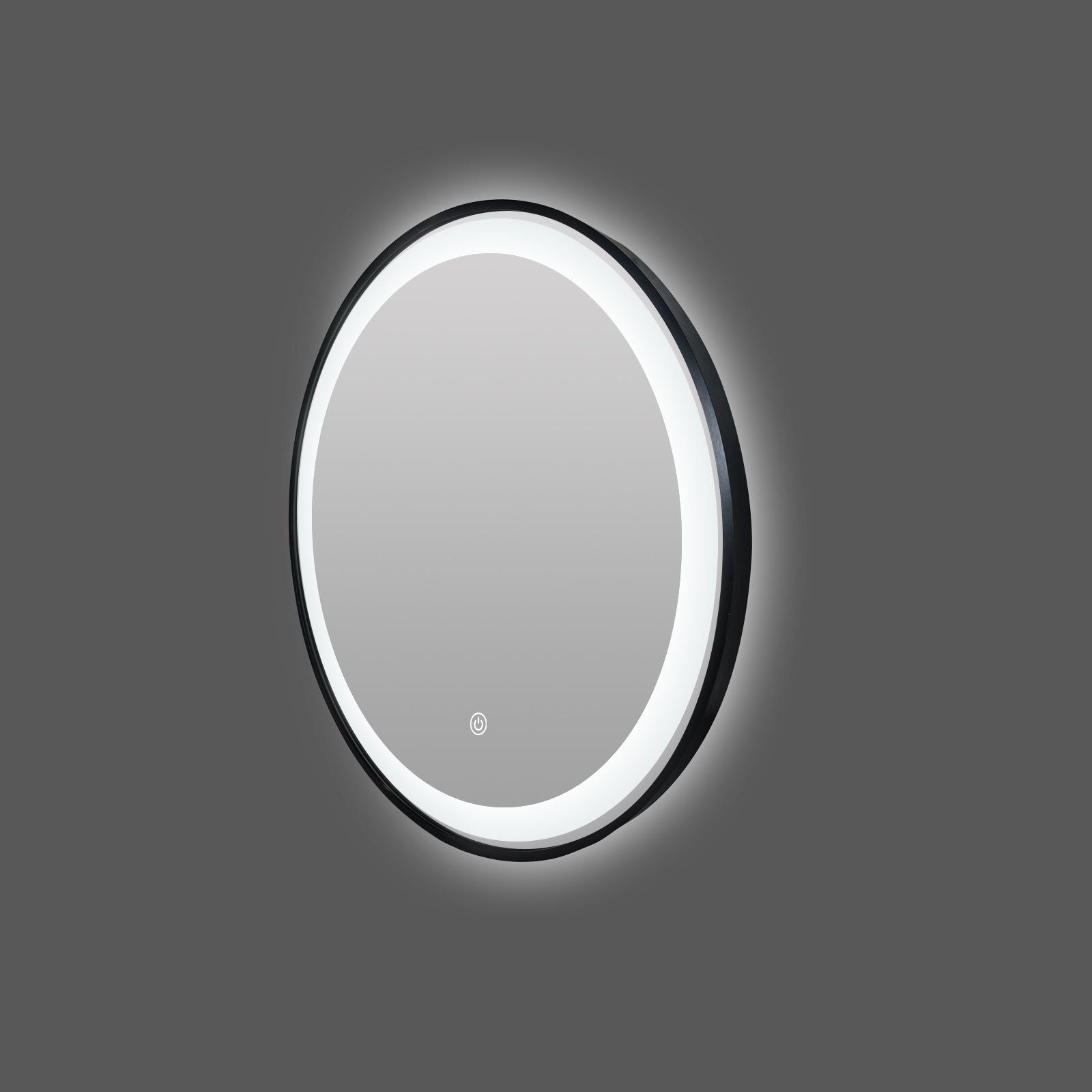 Miroir rond LED Ø70 cm : Cadre en aluminium noir, miroir de salle de bain rond éclairé par LED.