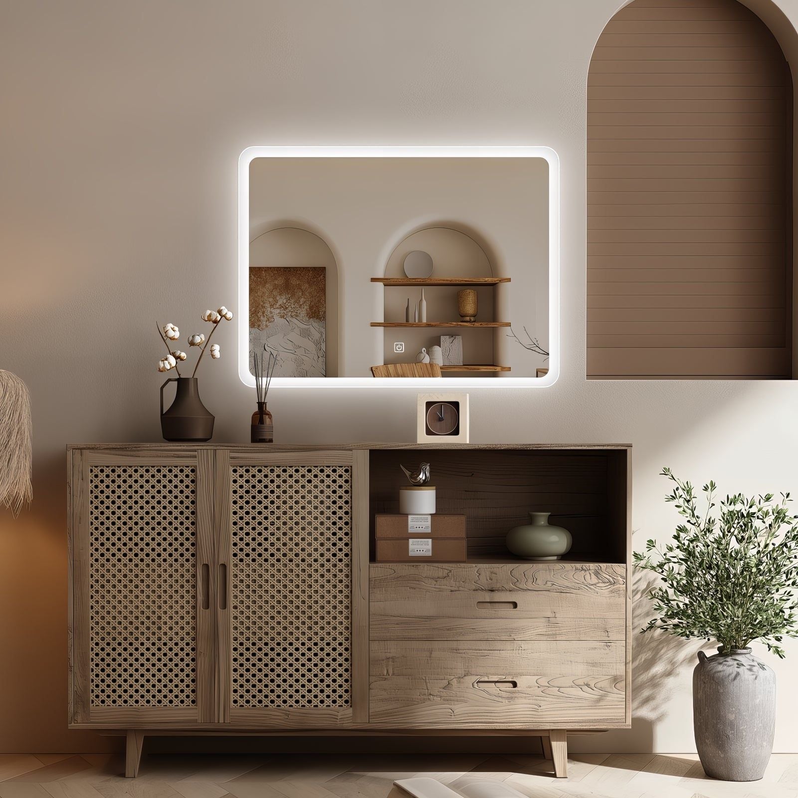 Miroir LED rectangulaire 80x60 cm : Miroir de salle de bain LED rectangulaire 80x60 cm, avec cadre dépoli. Miroir de courtoisie lumineux moderne.