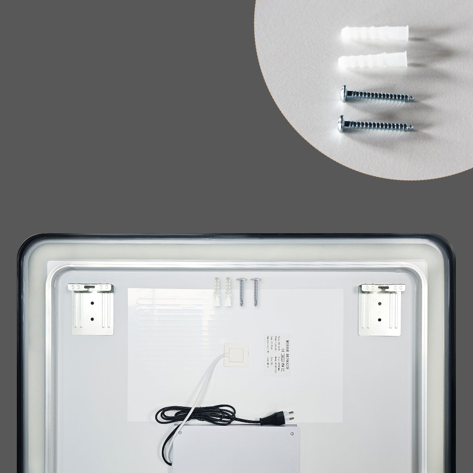 Miroir LED 60x80 cm avec cadre alu noir : Vue arrière montrant le matériel d'installation et les composants électriques du miroir de salle de bain LED 60x80 cm avec cadre en aluminium noir.