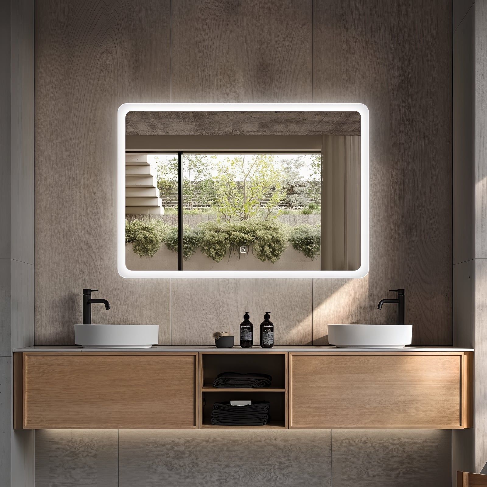 Miroir LED rectangulaire 80x60 cm : Miroir de salle de bain LED rectangulaire moderne, 80x60cm, avec un cadre givré.