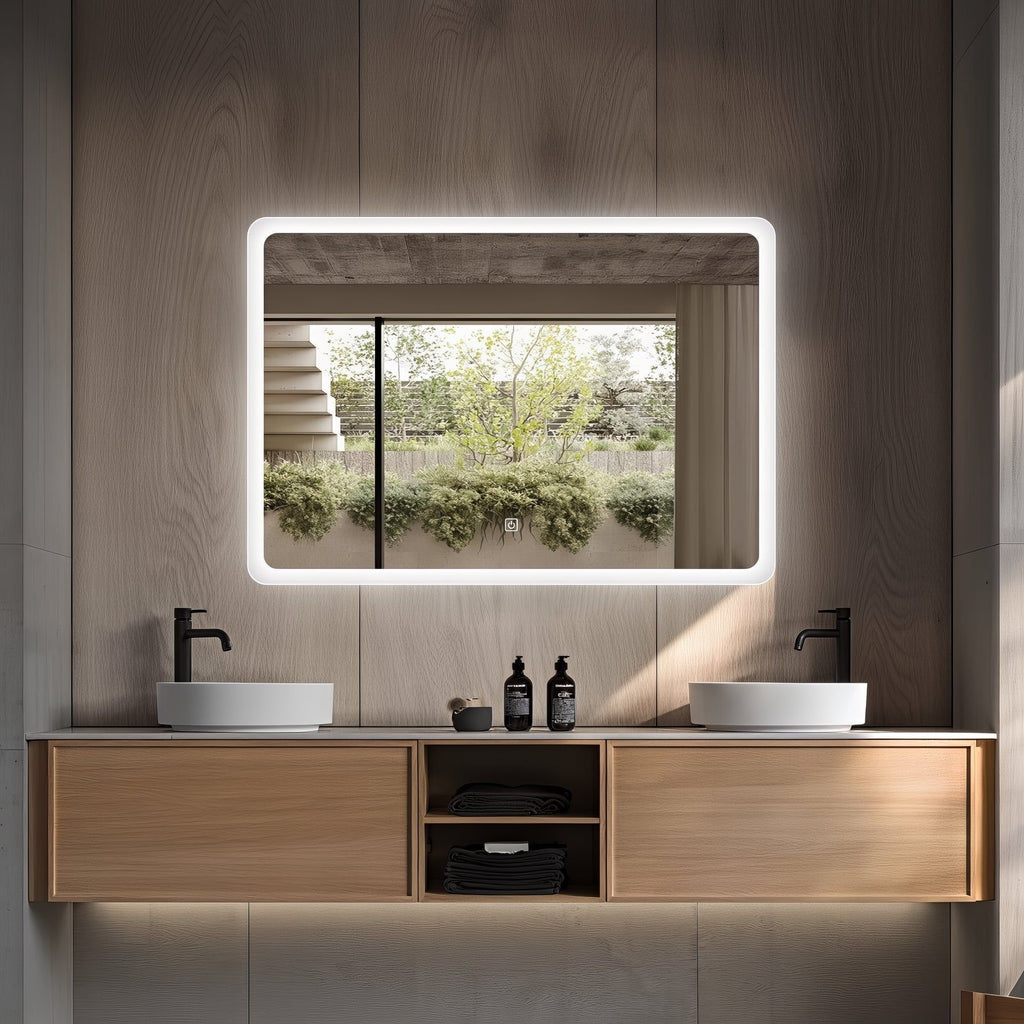 Miroir LED rectangulaire 80x60 cm : Miroir de salle de bain LED rectangulaire moderne, 80x60cm, avec un cadre givré.
