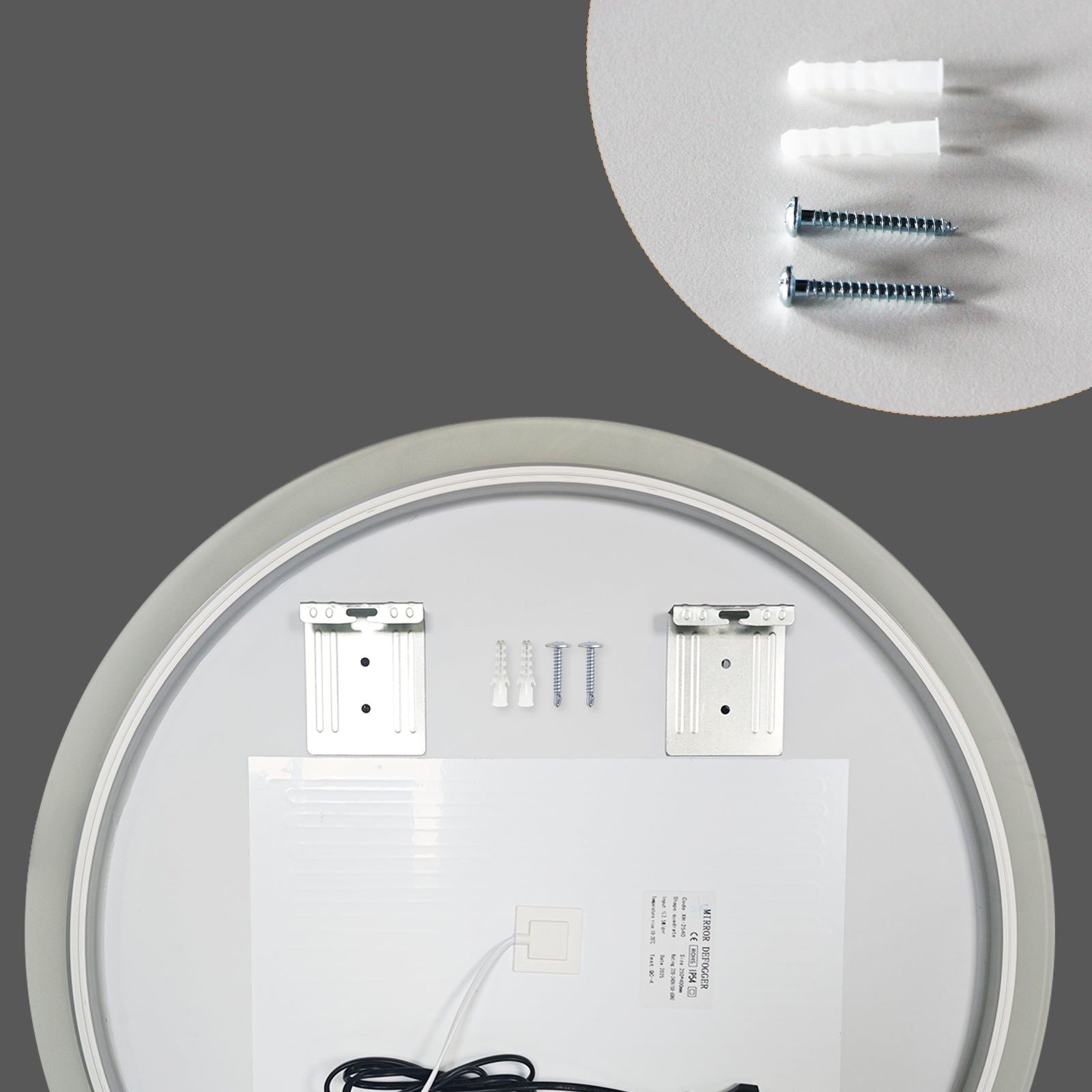 Miroir rond avec contour givré Ø70 cm : Miroir rond en verre dépoli de 70 cm avec matériel de montage et antibuée inclus.