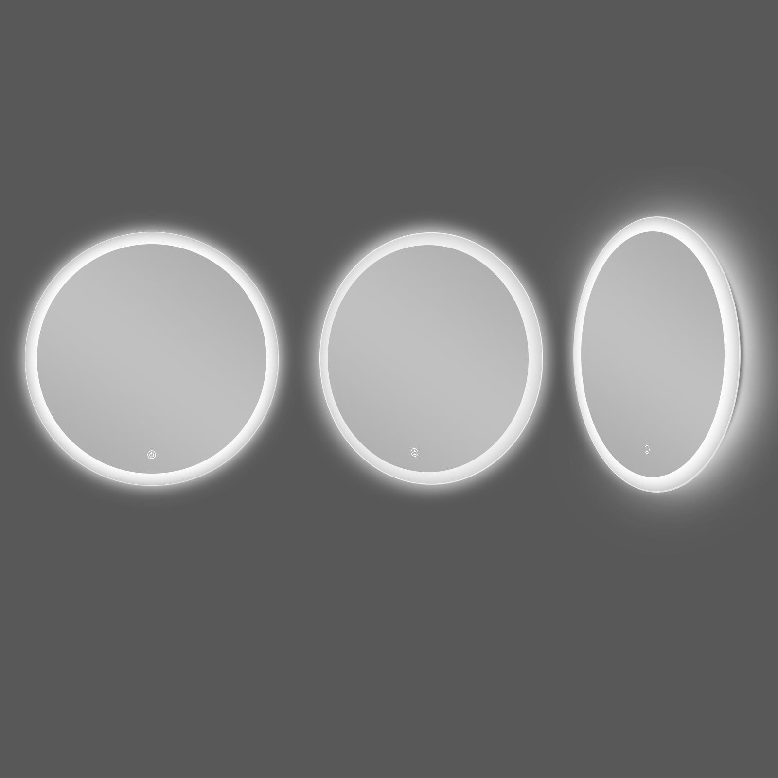 Miroir rond avec contour givré Ø70 cm : Ensemble de trois miroirs ronds éclairés avec bords givrés, parfaits pour la vanité de la salle de bain
