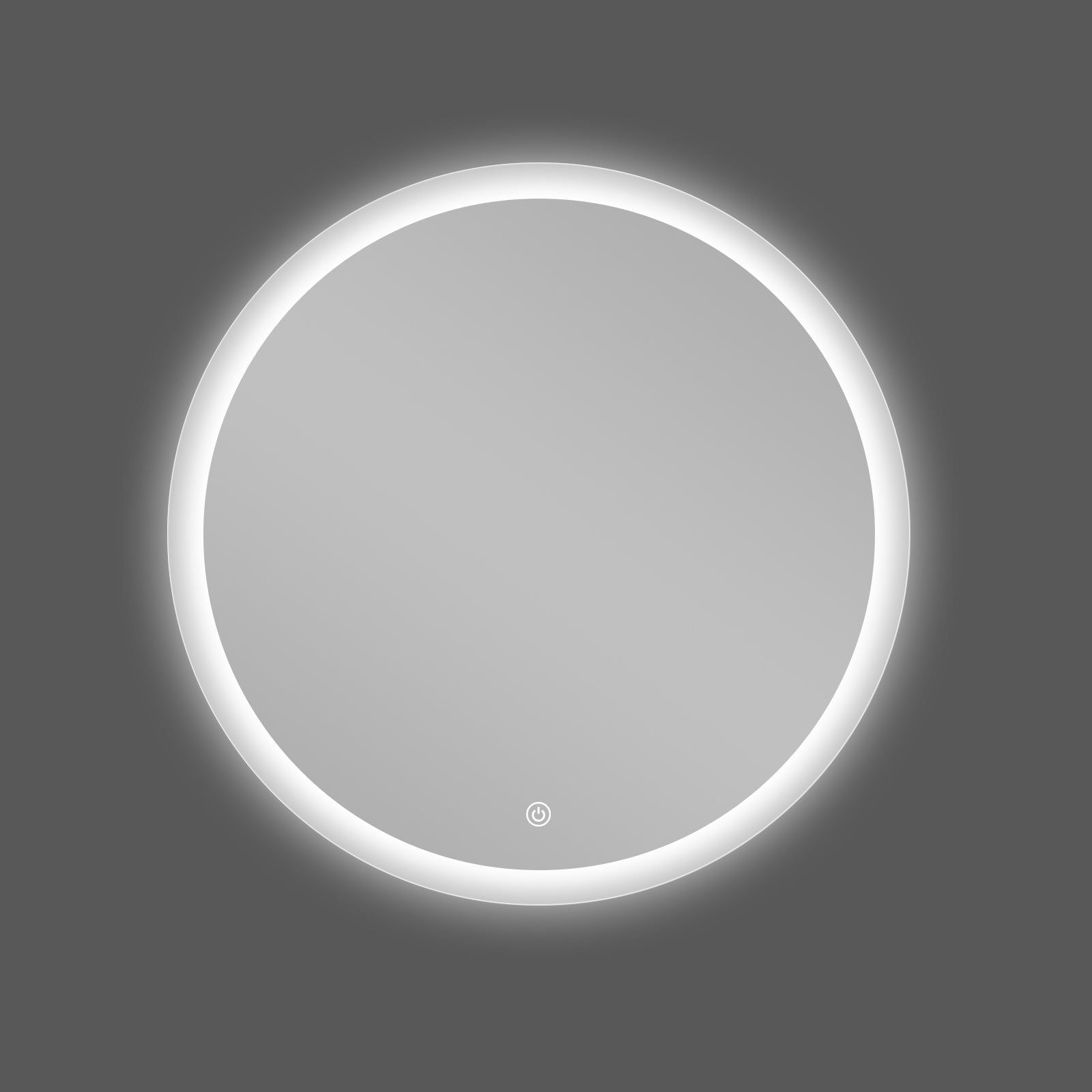 Miroir rond avec contour givré Ø70 cm : Miroir de salle de bain lumineux rond de 70 cm avec un bord givré et un éclairage LED intégré.