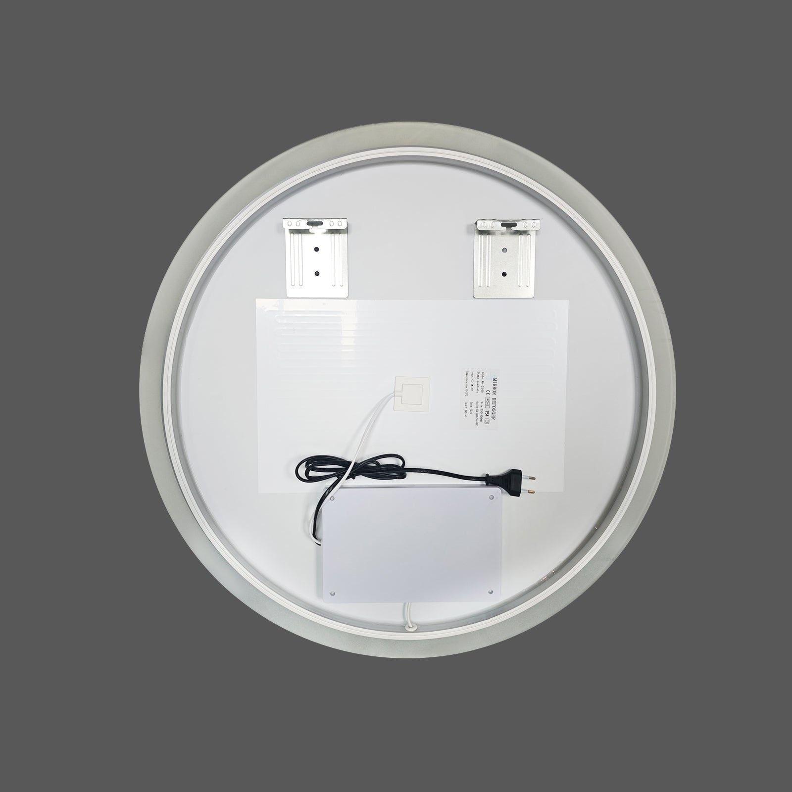 Miroir rond avec contour givré Ø70 cm : Vue arrière montrant un miroir rond avec contour givré de 70 cm de diamètre, des supports de montage et des composants antibuée.