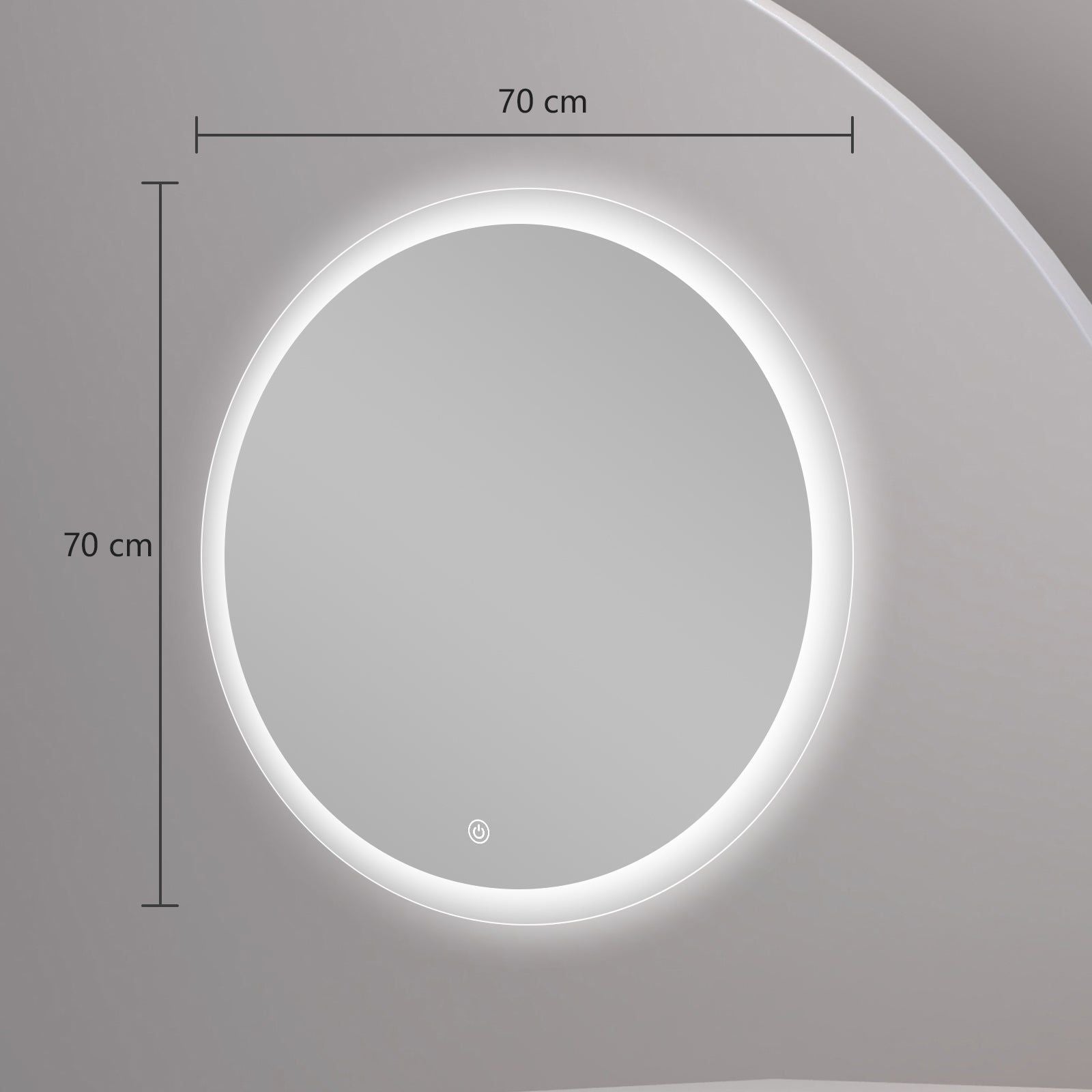 Miroir rond avec contour givré Ø70 cm : Miroir de salle de bain rond lumineux de 70 cm de diamètre avec bord givré. Idéal pour meuble-lavabo ou salle de bain.