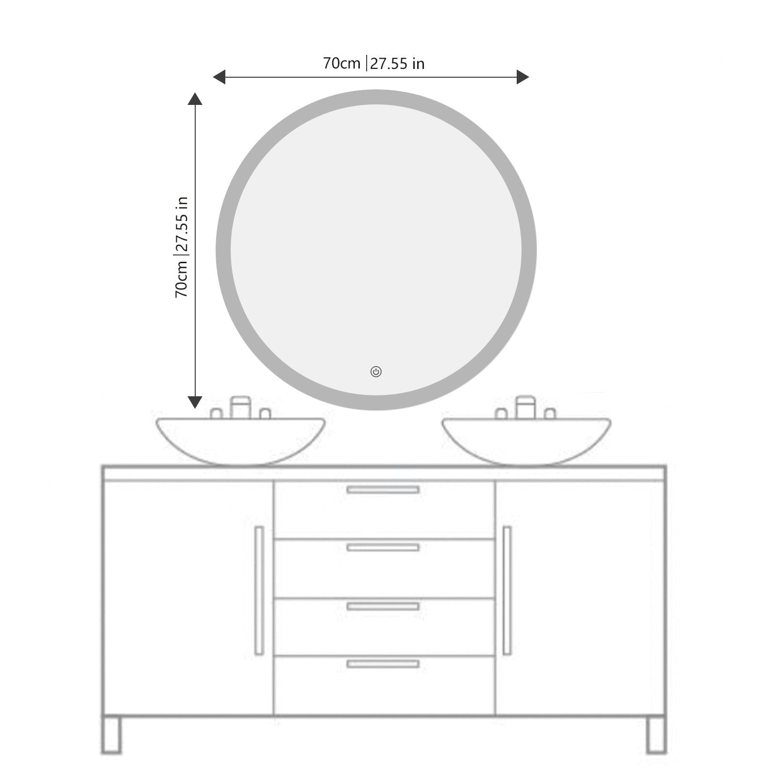 Miroir rond avec contour givré Ø70 cm : Miroir de salle de bain rond de 70 cm avec bord givré, parfait au dessus d'une double vasque.
