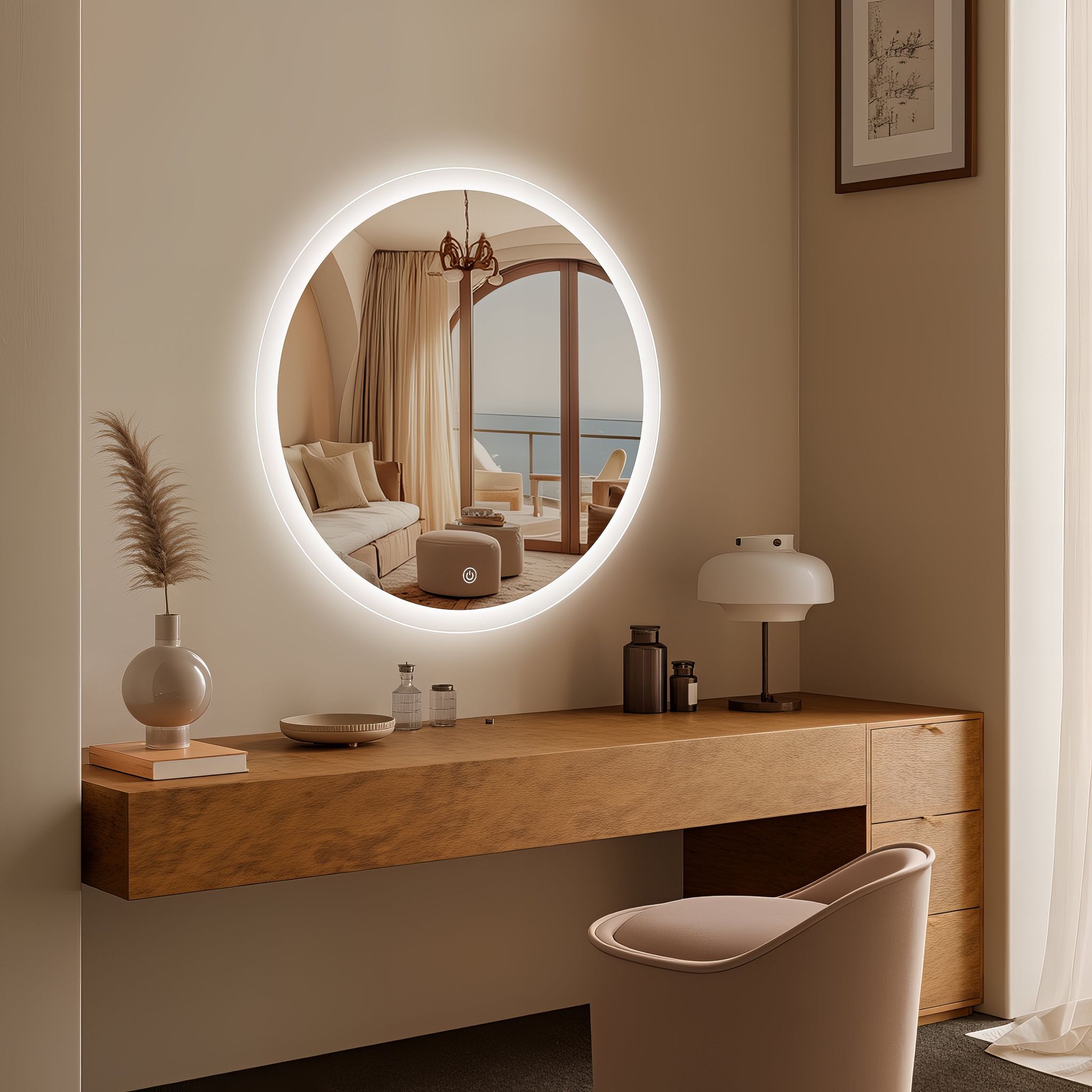 Miroir rond avec contour givré Ø70 cm : Miroir rond éclairé par LED de 70 cm avec bord givré, idéal pour se maquiller. Miroir de salle de bain ou de coiffeuse.