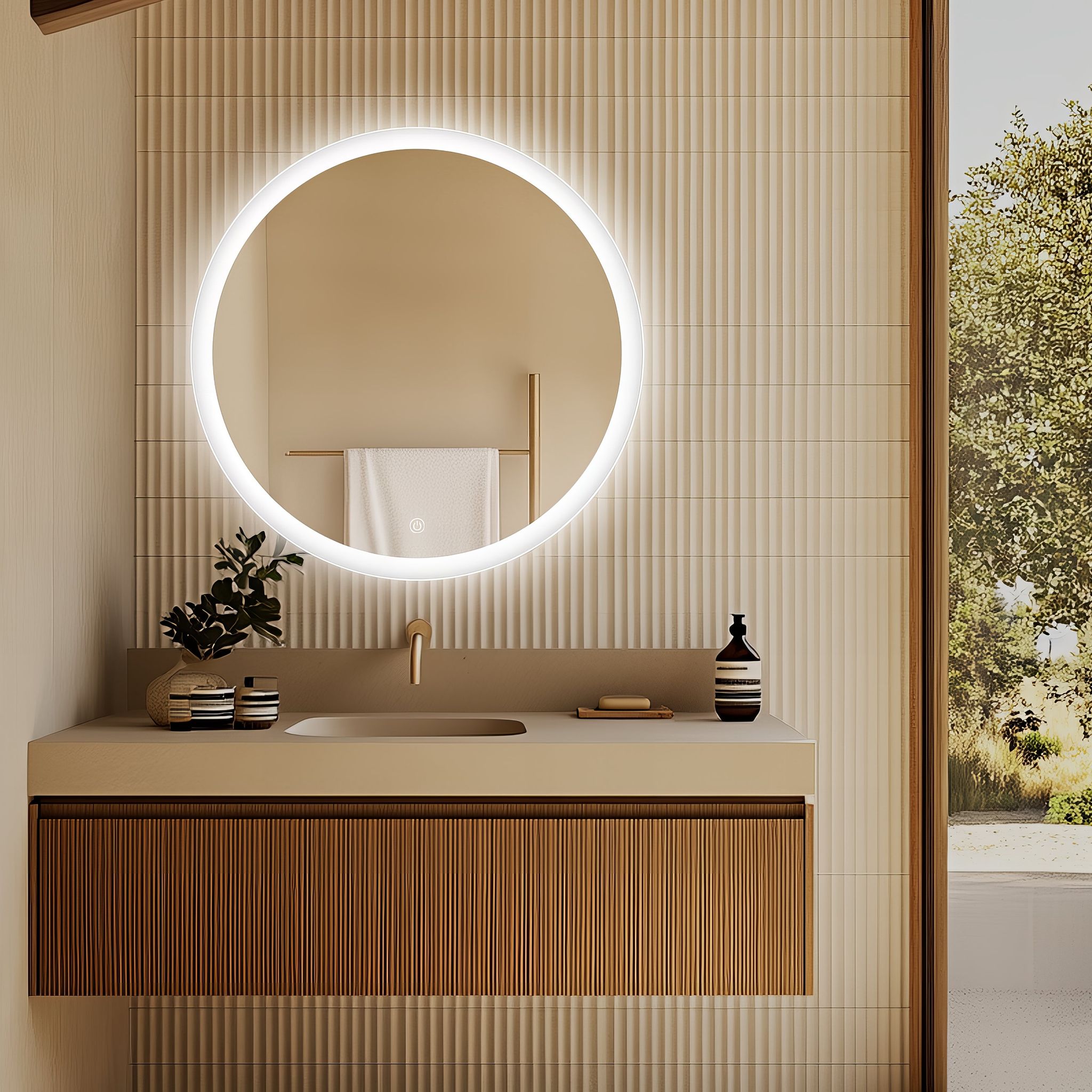Miroir rond avec contour givré Ø70 cm : Miroir de salle de bain rond lumineux 70cm avec bord givré.