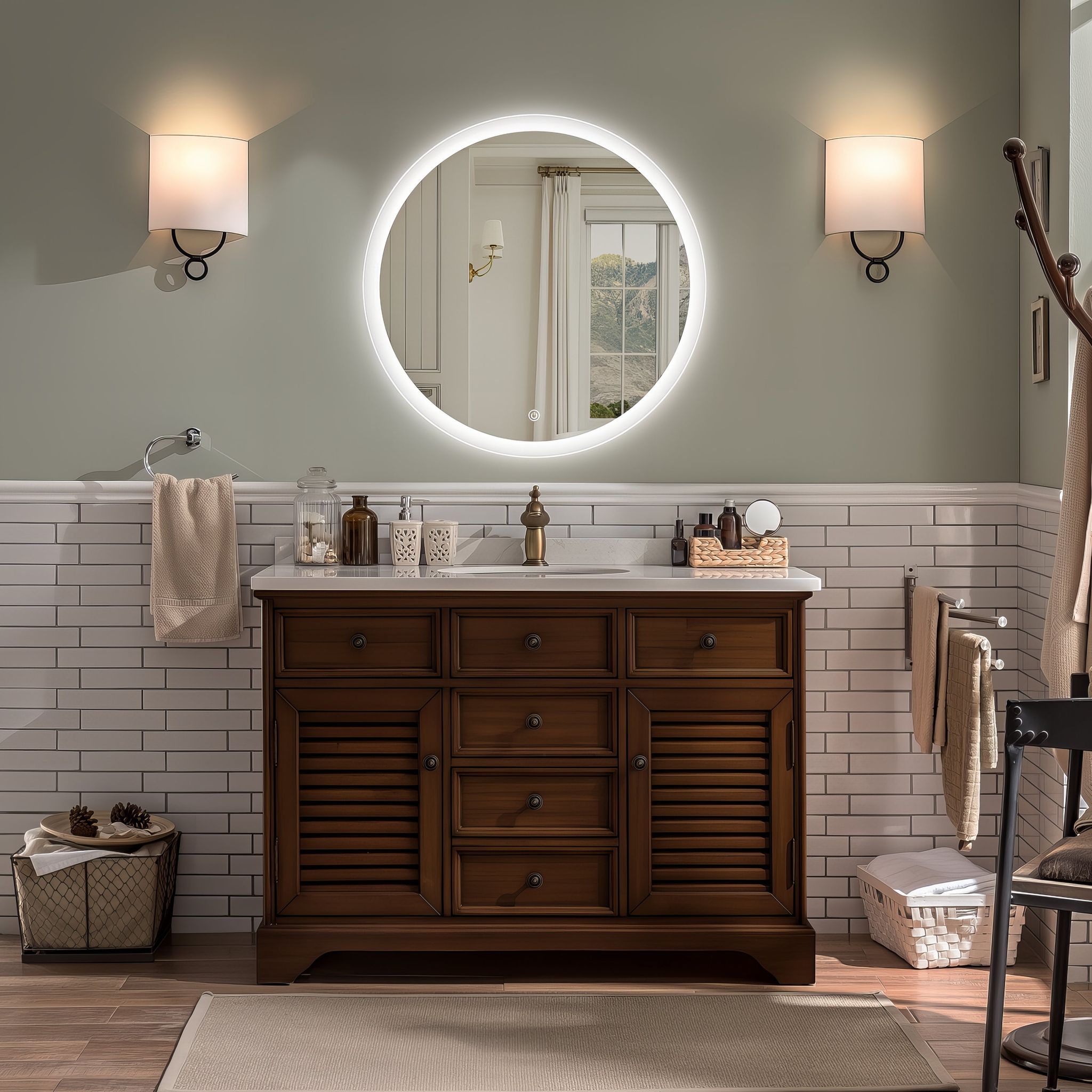 Miroir rond avec contour givré Ø70 cm : Miroir de salle de bain LED rond de 70 cm avec contour givré. Éclairage optimal.