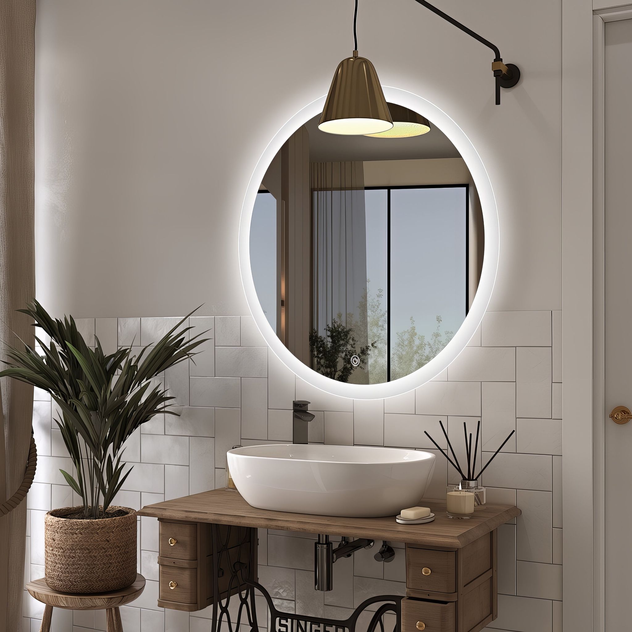 Miroir rond avec contour givré Ø70 cm : Miroir de salle de bain LED rond de 70 cm avec bord givré, parfait pour les coiffeuses.