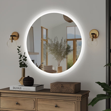 Miroir rond avec contour givré Ø70 cm : Miroir de salle de bain rond éclairé par LED de 70 cm de diamètre avec bord givré. Idéal pour meuble-lavabo.