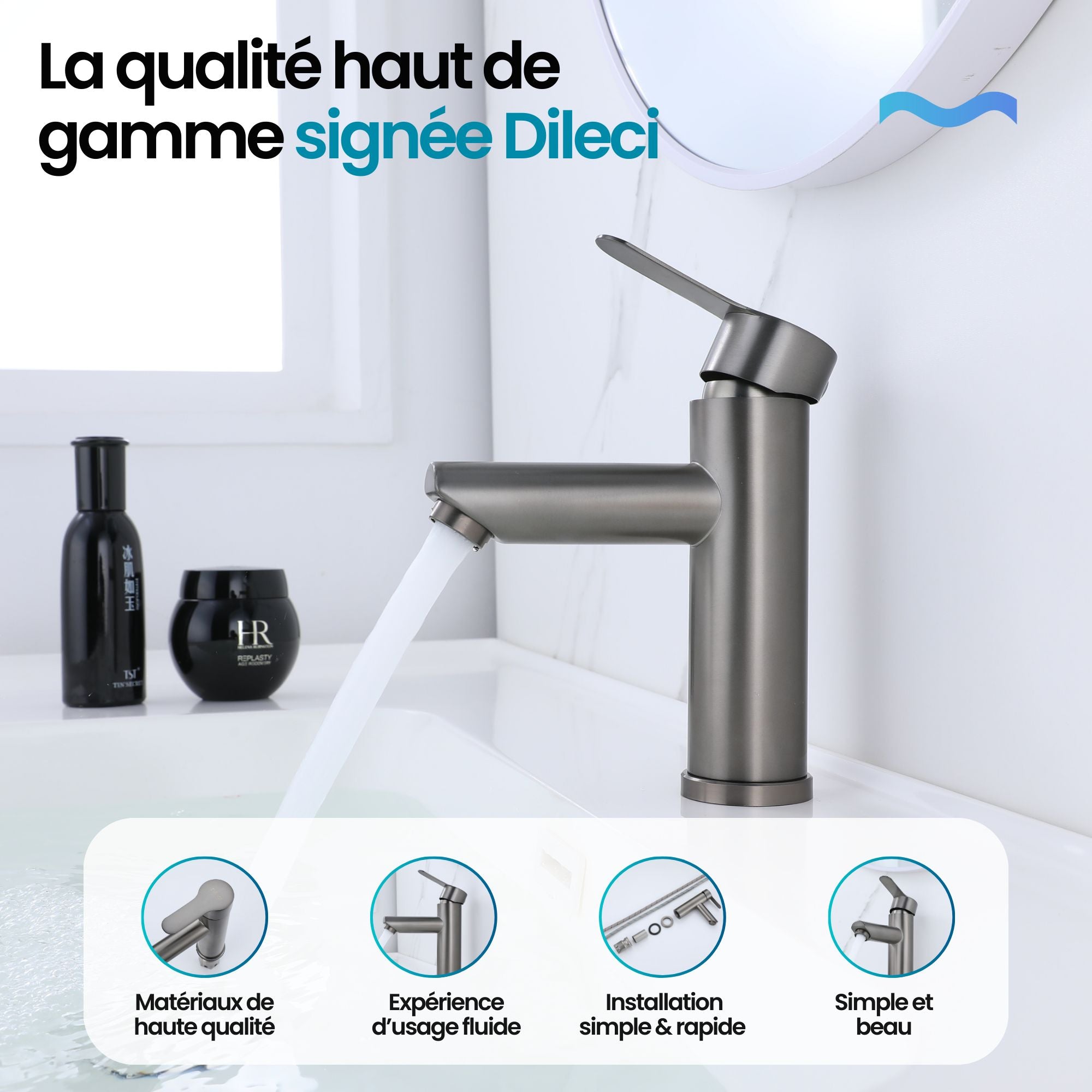 Robinet de lavabo de salle de bain gris métalisé, design compact, style moderne